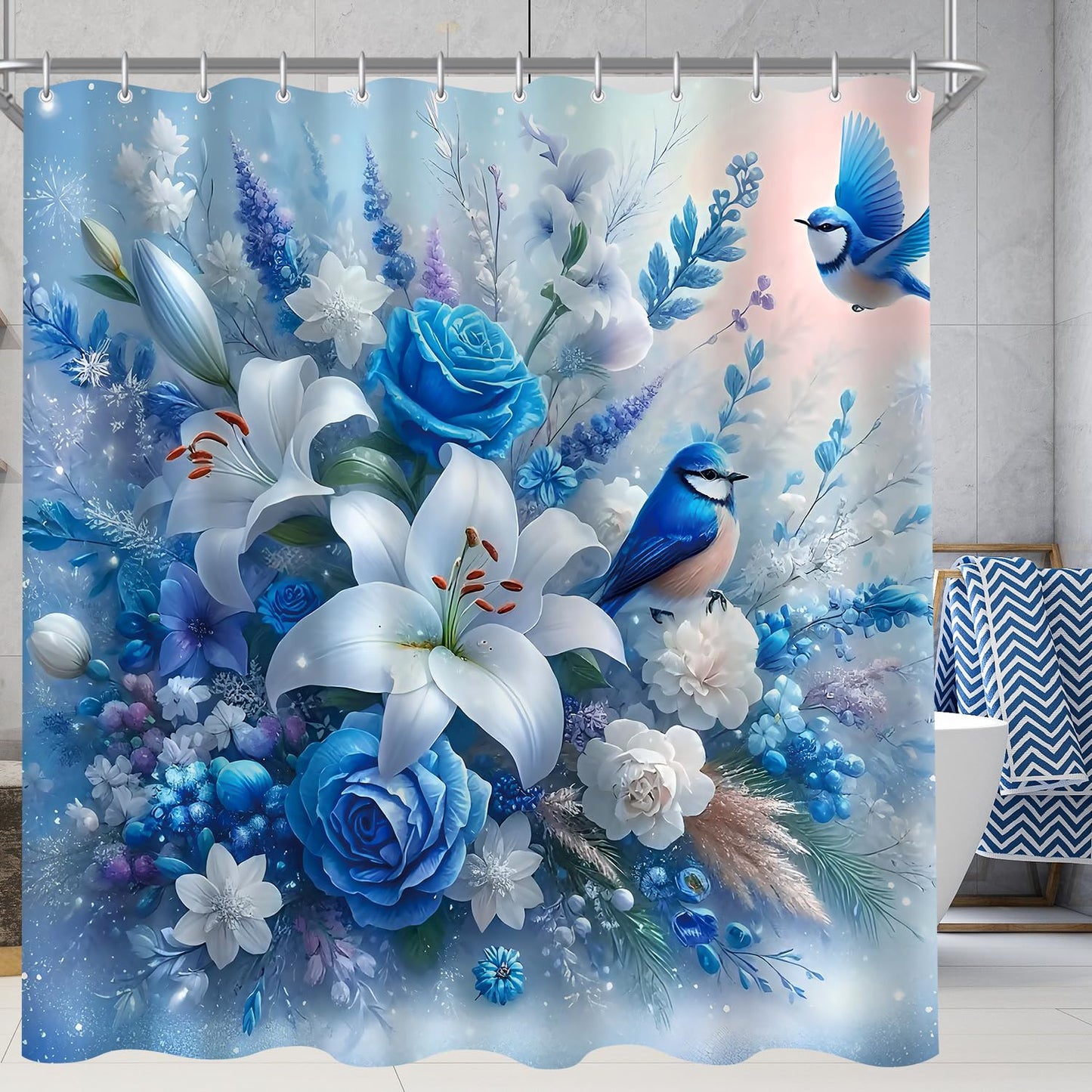 Lerores Shower Curtain, 120 x 200 cm, Blue Bird, Weighted Hem, Anti-Mould, Water-Repellent, Washable Polyester Bath Curtains with 12 Eyelets and