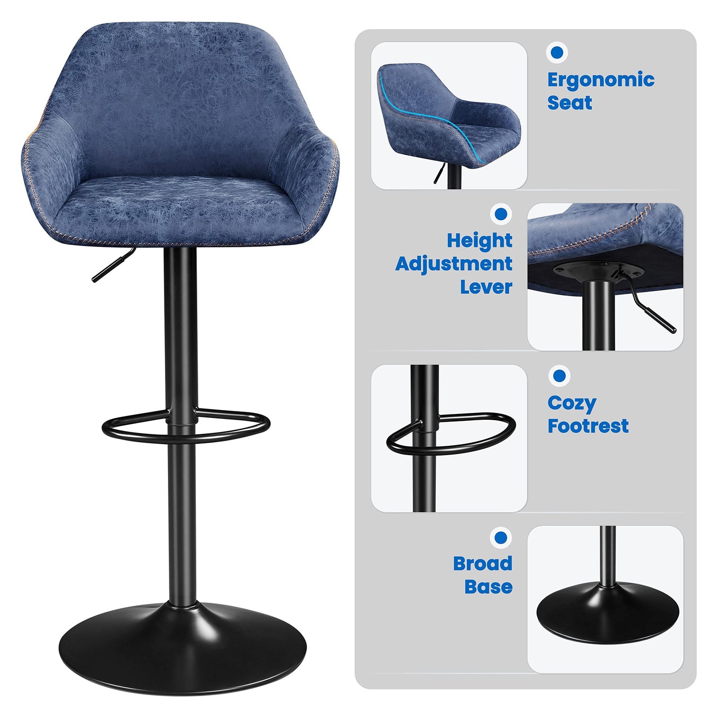Yaheetech PU Leather Adjustable Swivel Bar Stools Set of 2, Blue