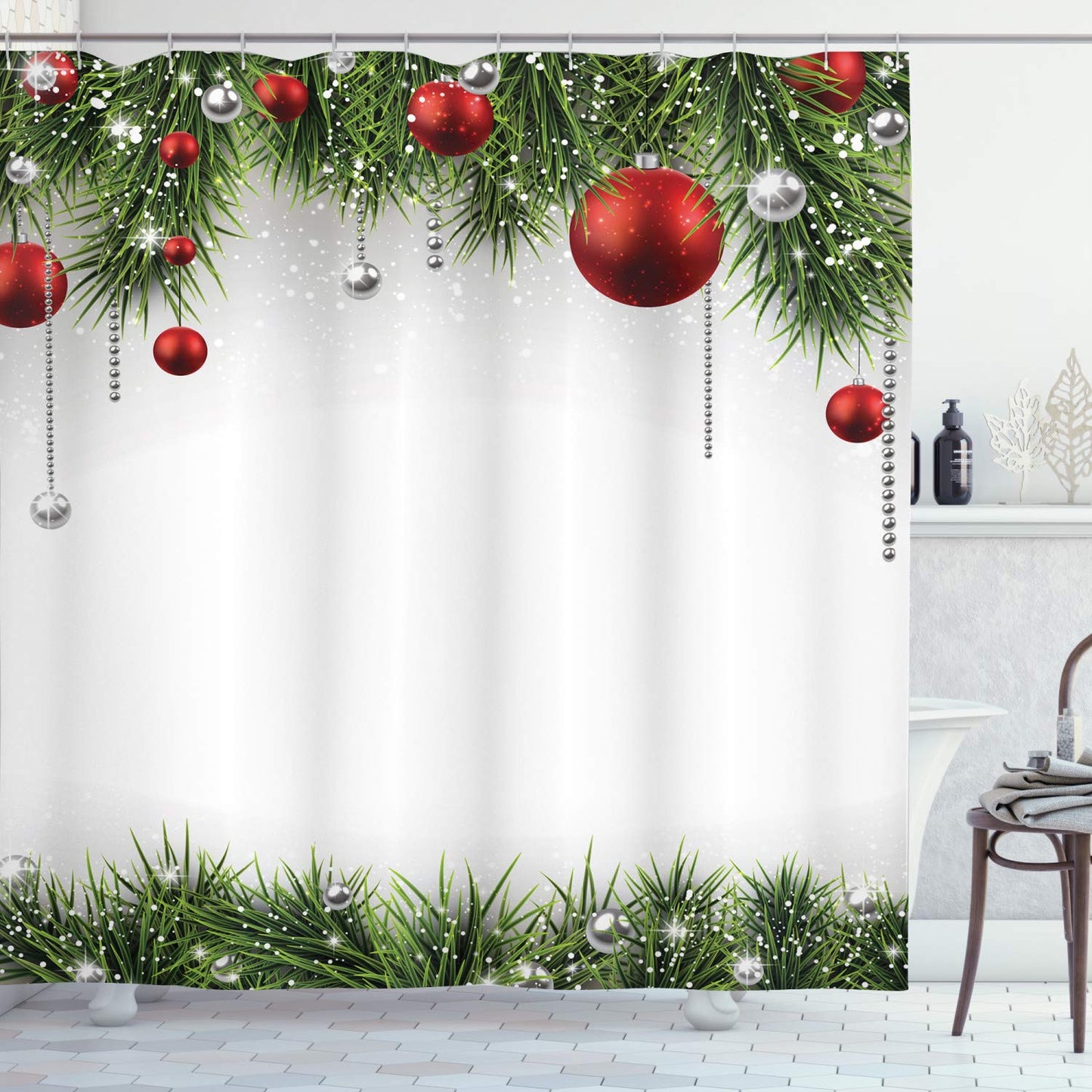 ABAKUHAUS Christmas Shower Curtain, Classical Christmas Ornaments and Baubles Coniferous Pine Tree Twig Tinsel Print, Cloth Fabric Bathroom Decor Set