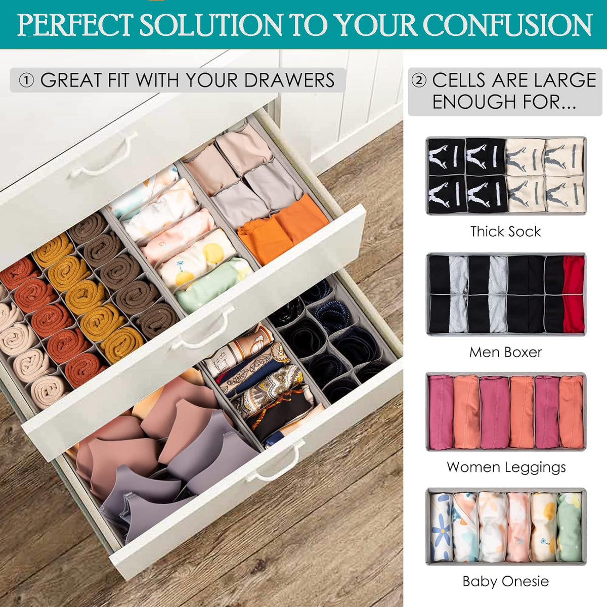 SabMak Underwear Drawer Organiser Divider – Bedroom Storage Boxes for Bras, Underwear, Socks, Ties, Baby Cloths, Wardrobe Clothes Organiser (set of 4)
