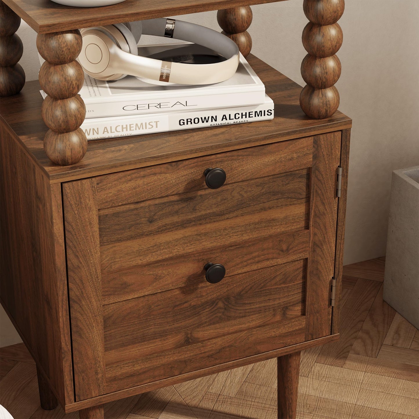 JERX Wooden Bedside Table, Nightstand with Storage Drawer and Open Wood Shelf, for Living Room, Bedroom and Small Spaces Walnut Brown