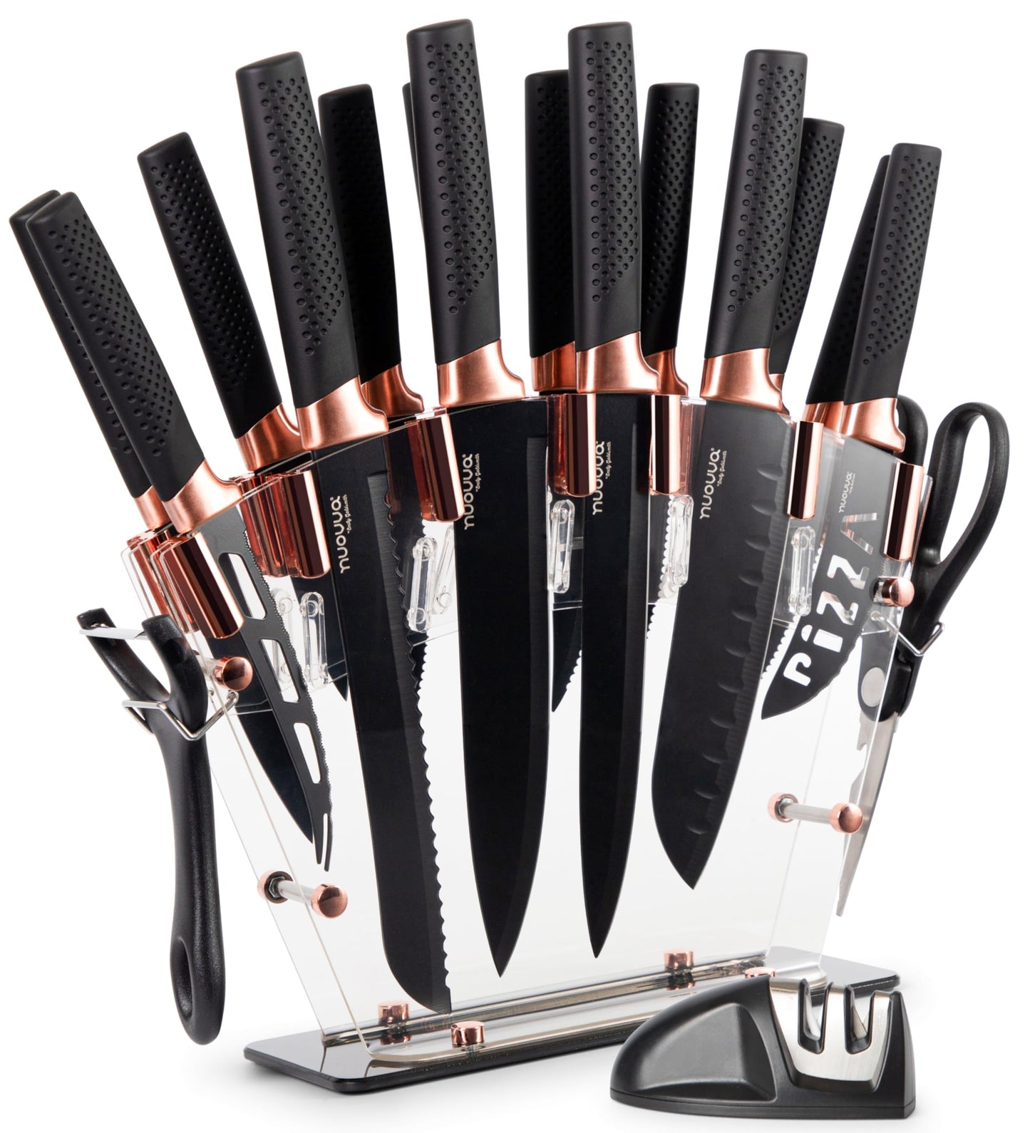 nuovva Professional Kitchen Knife Set with Block - Copper 17 Piece Knives Set with Steak Knives - Clear Acrylic Block High Carbon Stainless Steel