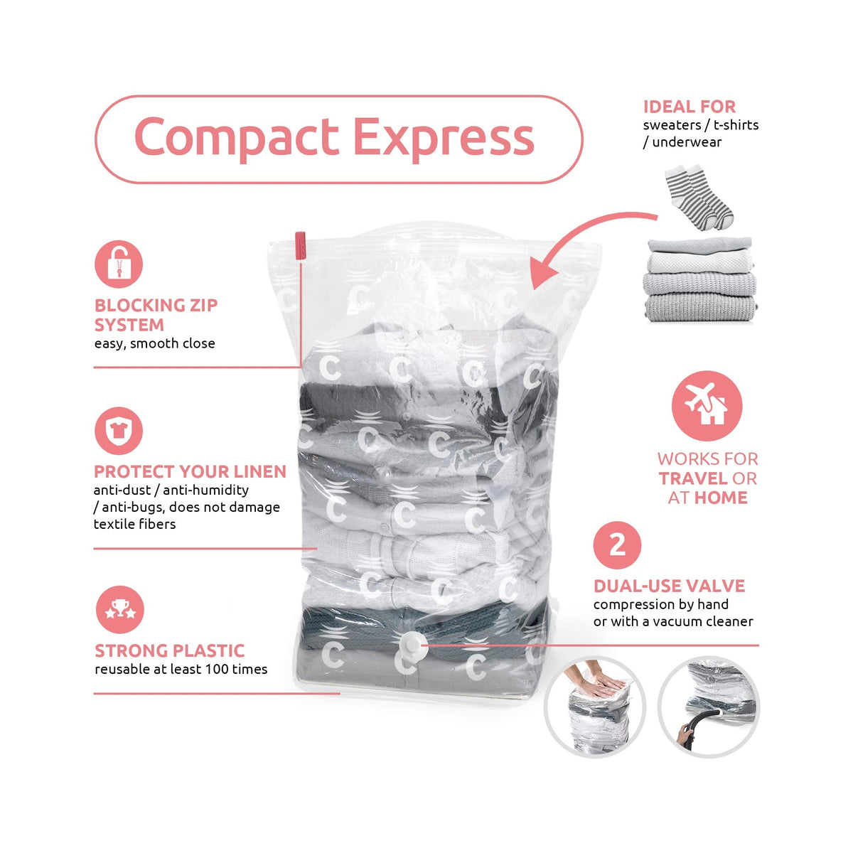 Compactor Compact Express Vacuum Compression Bag, Aspispace Collection, Medium Size, 30X20X50 cm, Transparent