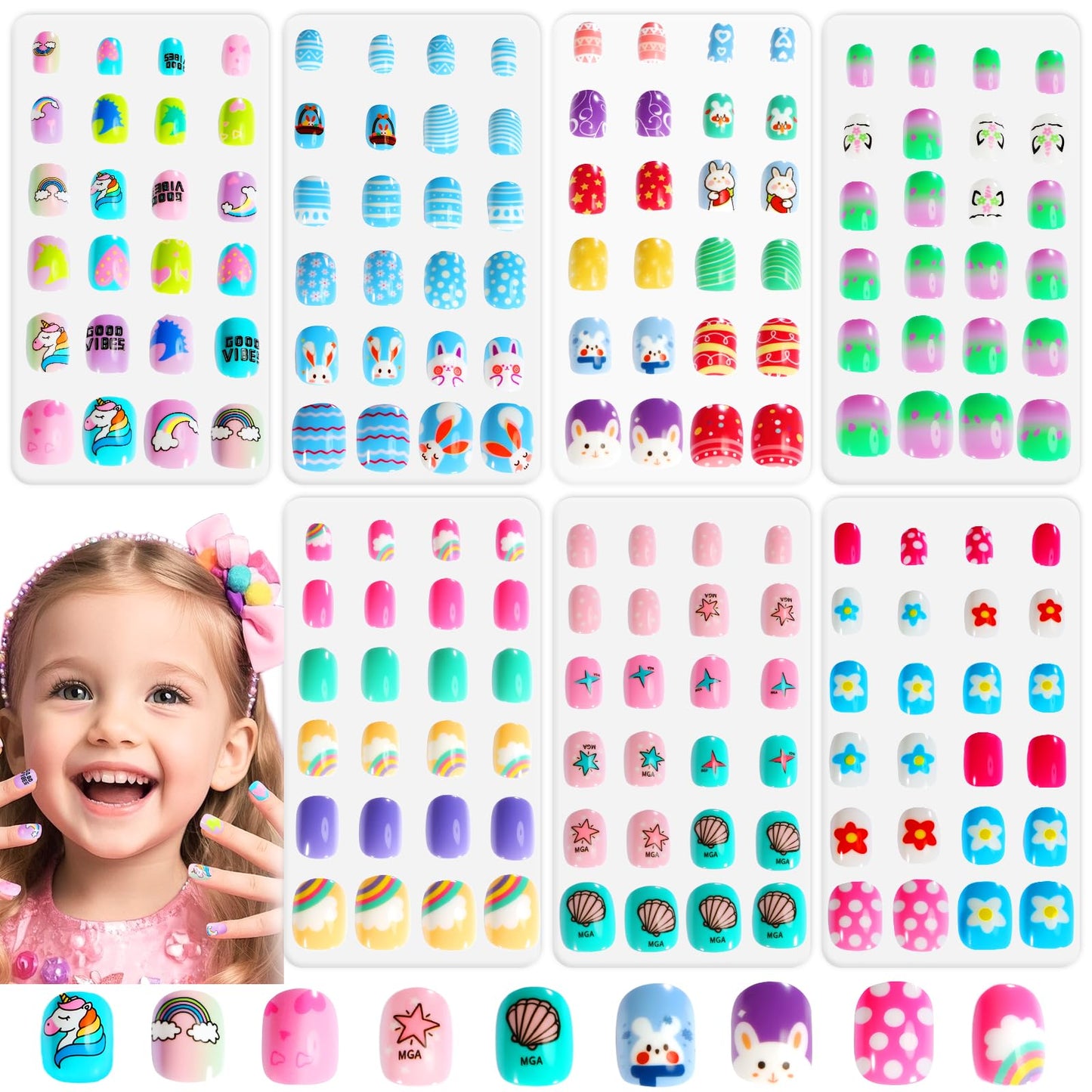 SAVILAND 168 Pieces Kids Stick on Nails: 7 Packs 7 Days Of Ever-Changing Looks Kids Press on Nails Cute Kid Fake Nails For 8-12 Year Pre Glue Full