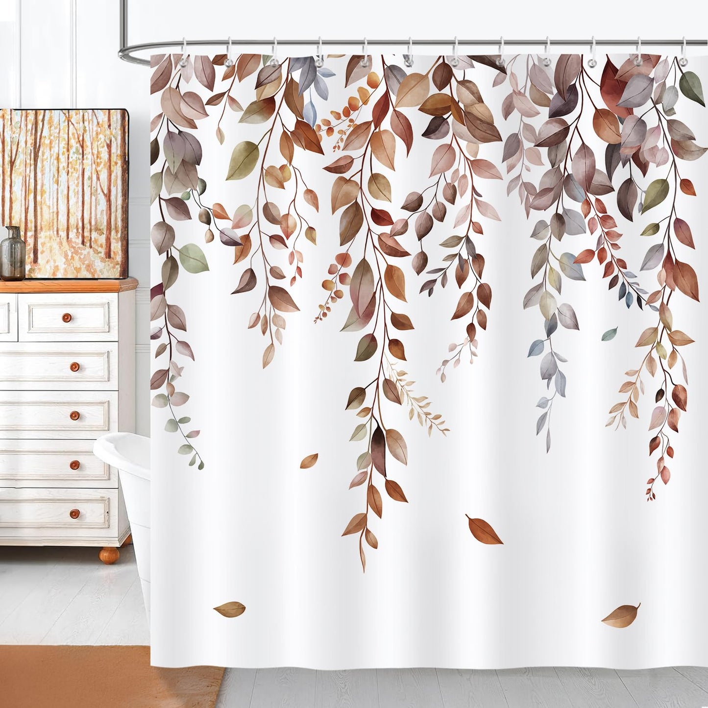 COZZSNUGE Watercolor Leaves Shower Curtain, Boho Plant Leaf Farmhouse Bathroom Curtain 183 x 183 cm, Water Repellent Mildew Resistant Polyester with