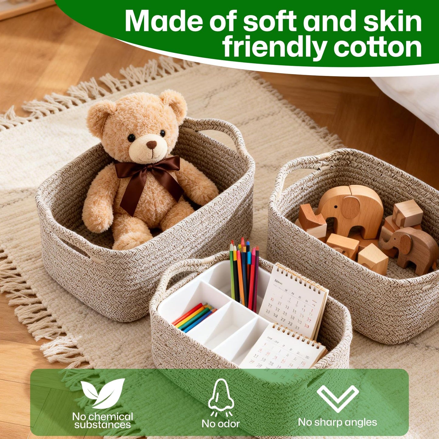 YMTWSRY 3 Pack Cotton Rope Basket, 32.5 x 22.5 x 14 cm Storage Baskets for Shelves Decorative Woven Basket Shelf Baskets for Gifts Towels Books