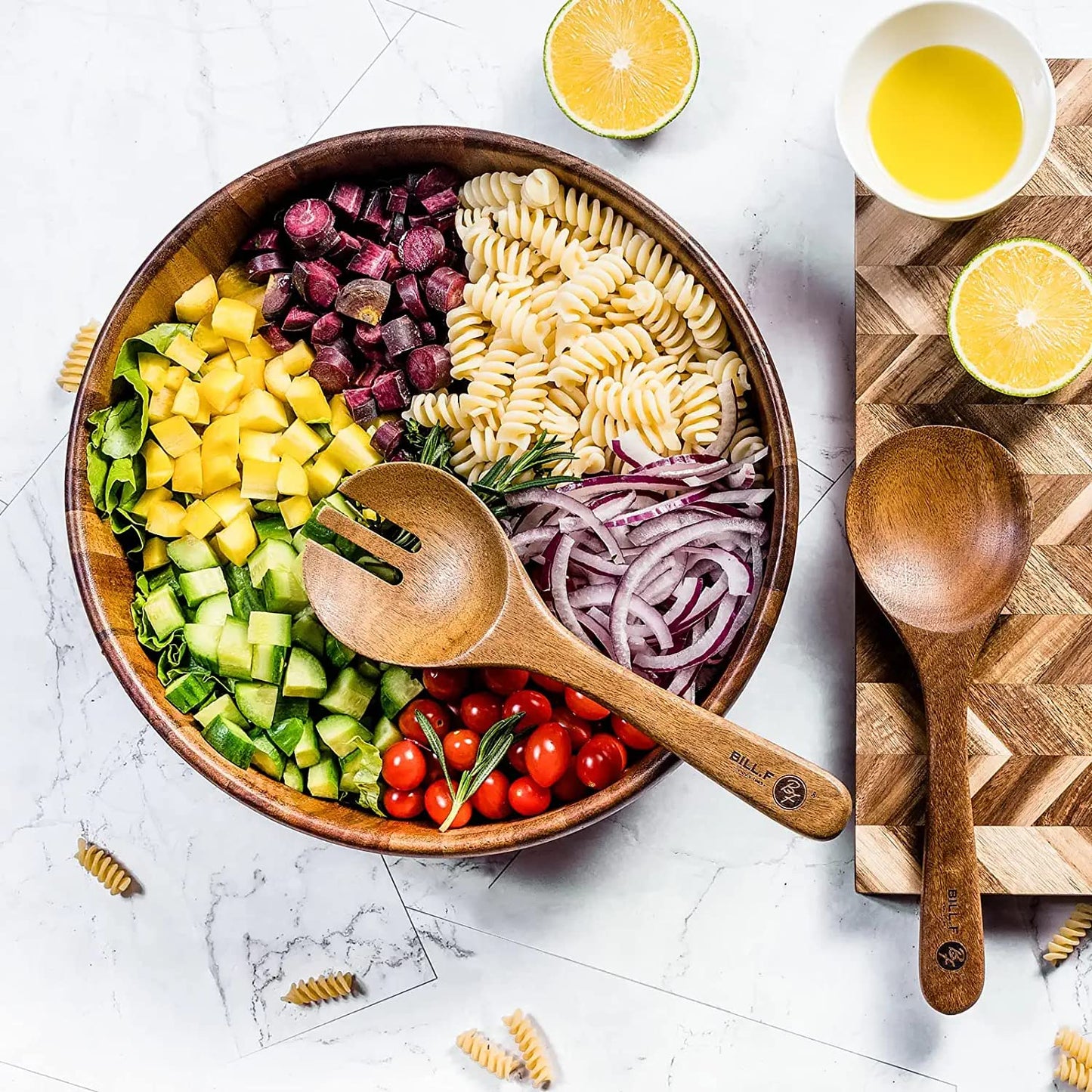 BF BILL.F SINCE 1983 Acacia Wood Salad Bowl Set, Wooden Server for Fruit & Salad - Family-Sized, 30cm Large, 3Pcs- Natural, Durable, and Stylish