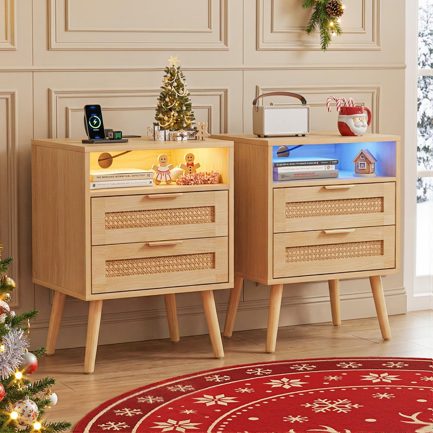 BonVache Set of 2 Bedside Table,Nightstand with Charging Station and LED Lights, Bedside Cabinets with 2 Rattan Drawers and Open Shelf,2pcs Side
