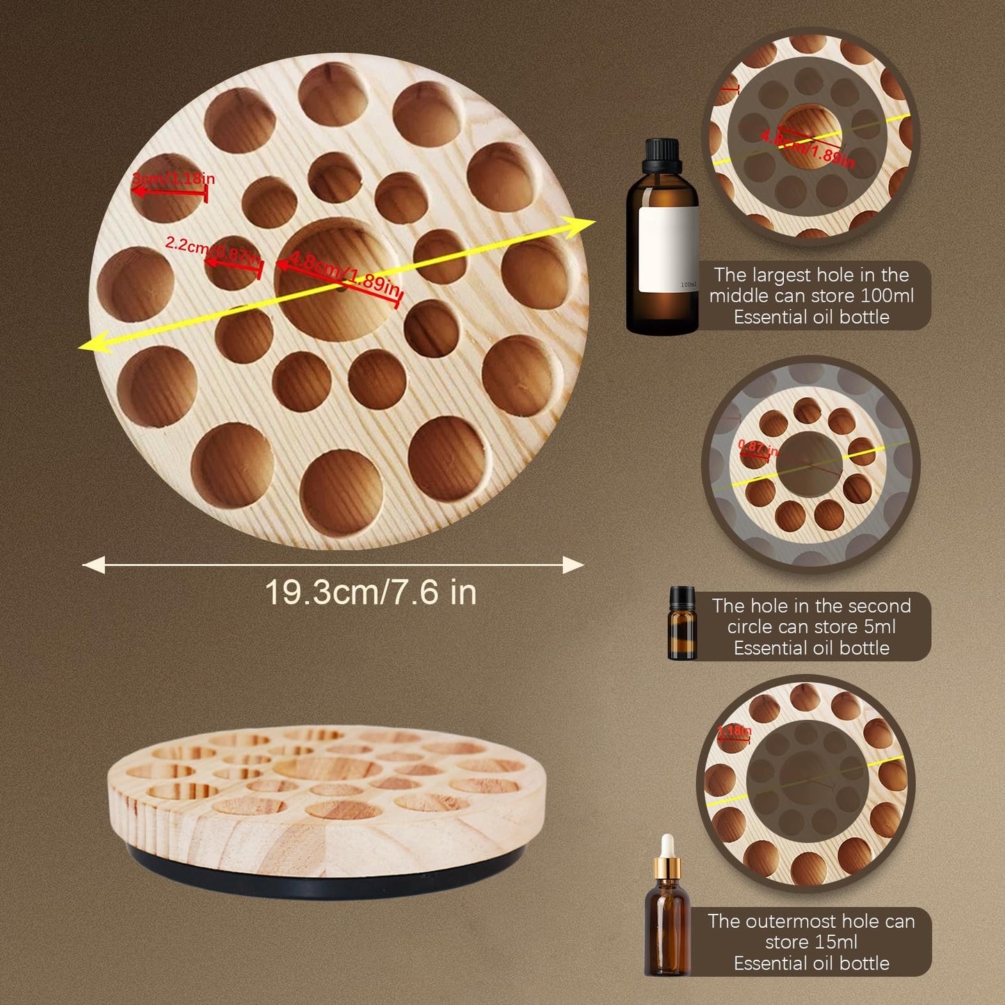VolksRose New Zealand Pinewood Essential Oil Organiser - 19cm Rotating Display Stand with 22 Compartments for 5ml-100ml Bottles
