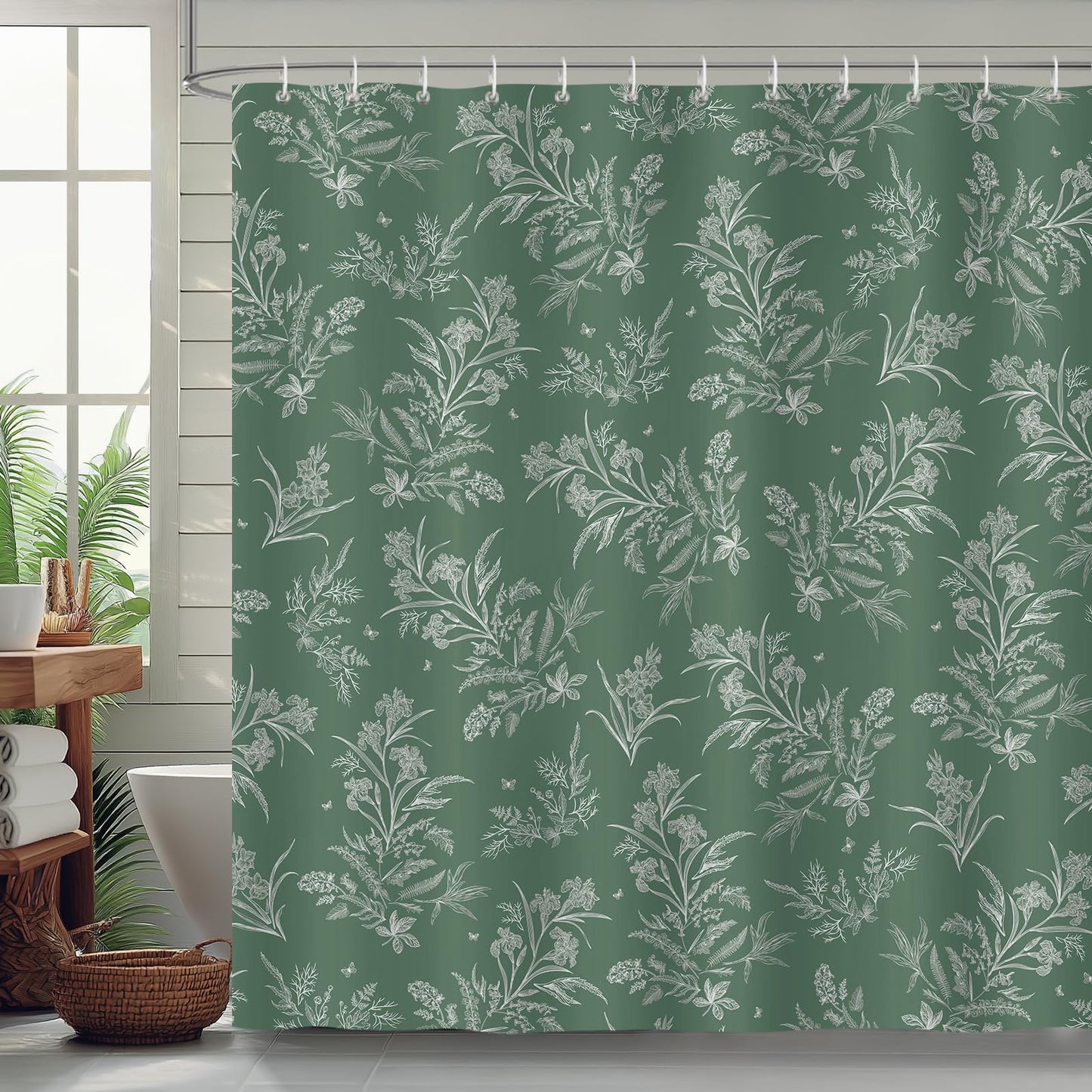 COZZSNUGE Vintage Floral Shower Curtain, Boho Plants Farmhouse Green Bathroom Curtain 183 x 183 cm, Water Repellent Mildew Resistant Polyester with 12