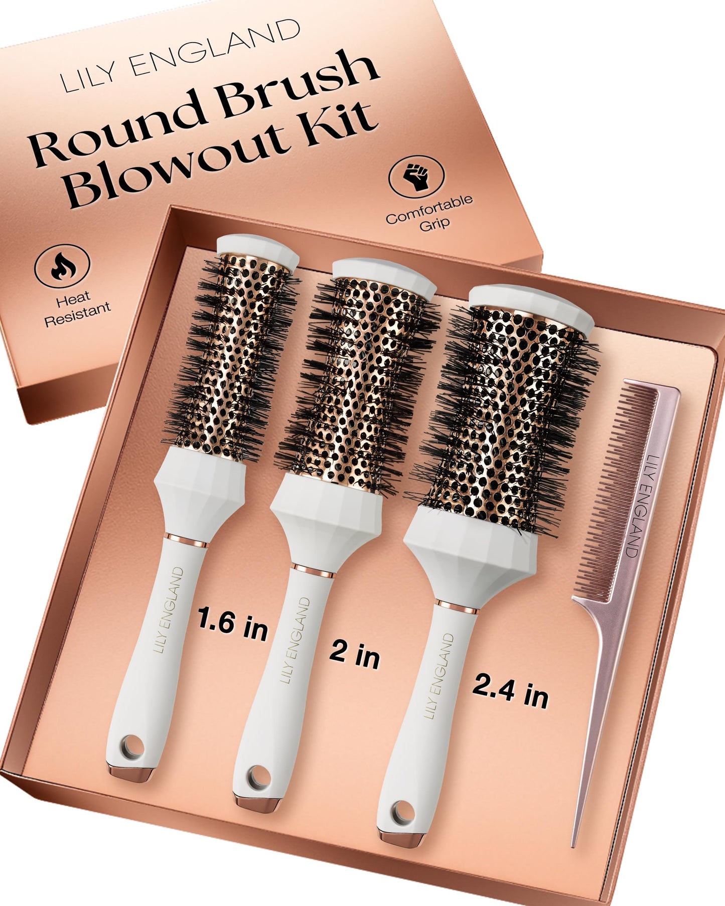 Lily England Round Hair Brush Set, 4 Piece Professional Blow Dry Kit with 3 Round Brushes and Comb for Styling, Beauty Gifts Sets for Women