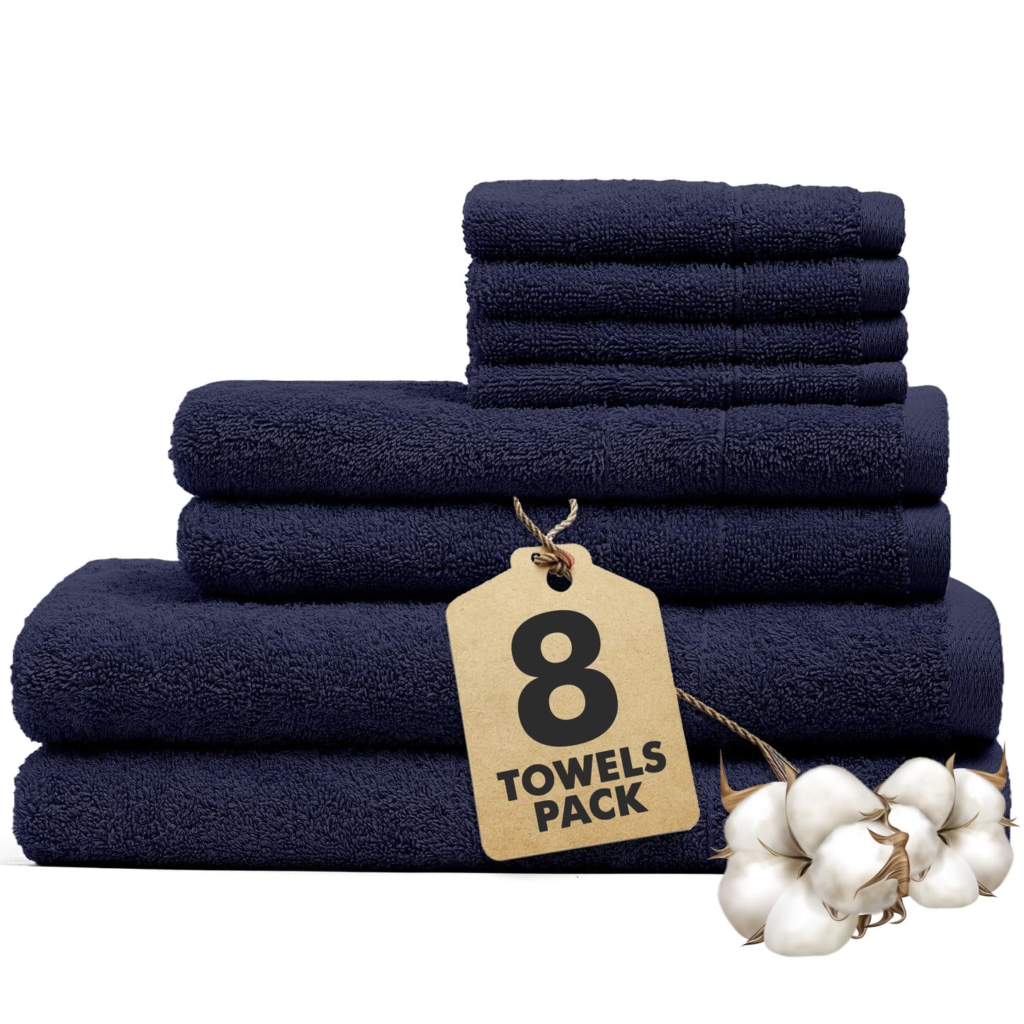 Novo Home Bath Towels Set of 8 ? 100% Cotton Navy BlueTowel Set Bale Includes 2 Bath, 2 Hand, 4 Face Towels ? Soft, Absorbent & Quick Dry Towel for