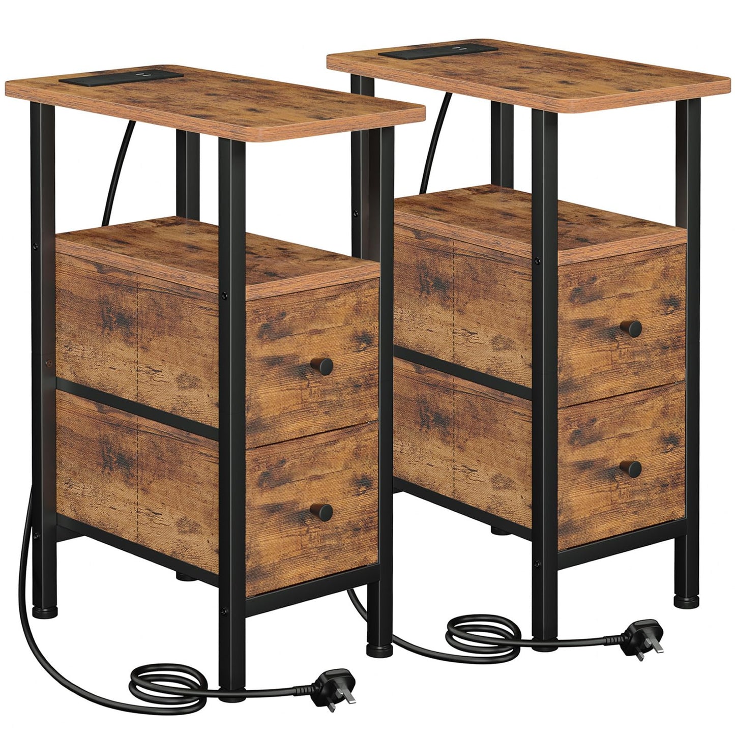 LOAKEKEL Slim Bedside Table Set of 2, Narrow Side Table with Charging Station, Sofa Table with 2 Fabric Drawers and Open Storage Shelf, Nightstand for