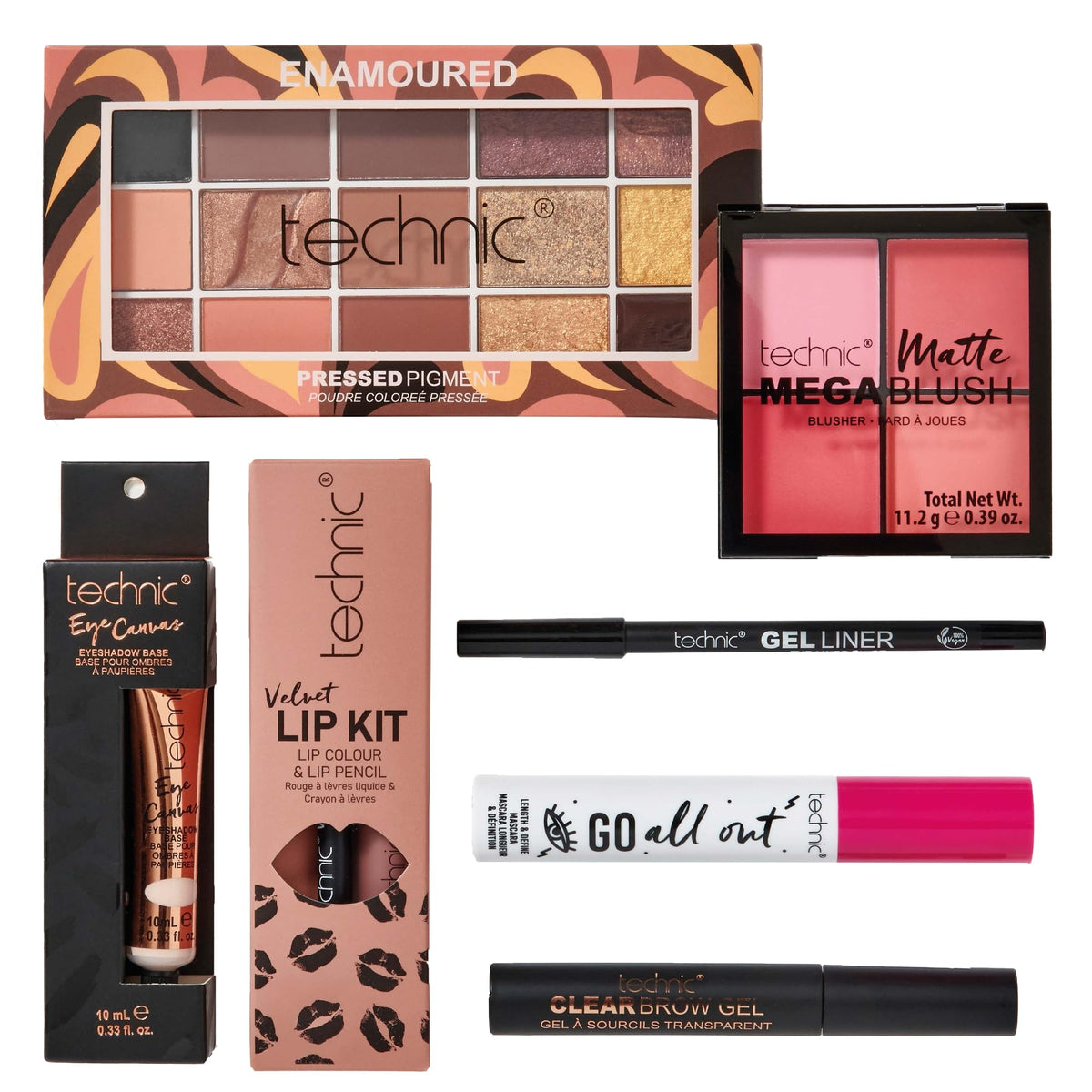 Technic Enamoured Full Face Cosmetic 8 Piece Gift Set - Full Size Products for Eyes, Face & Lips - Perfect for Makeup Lovers - Vegan & Cruelty Free