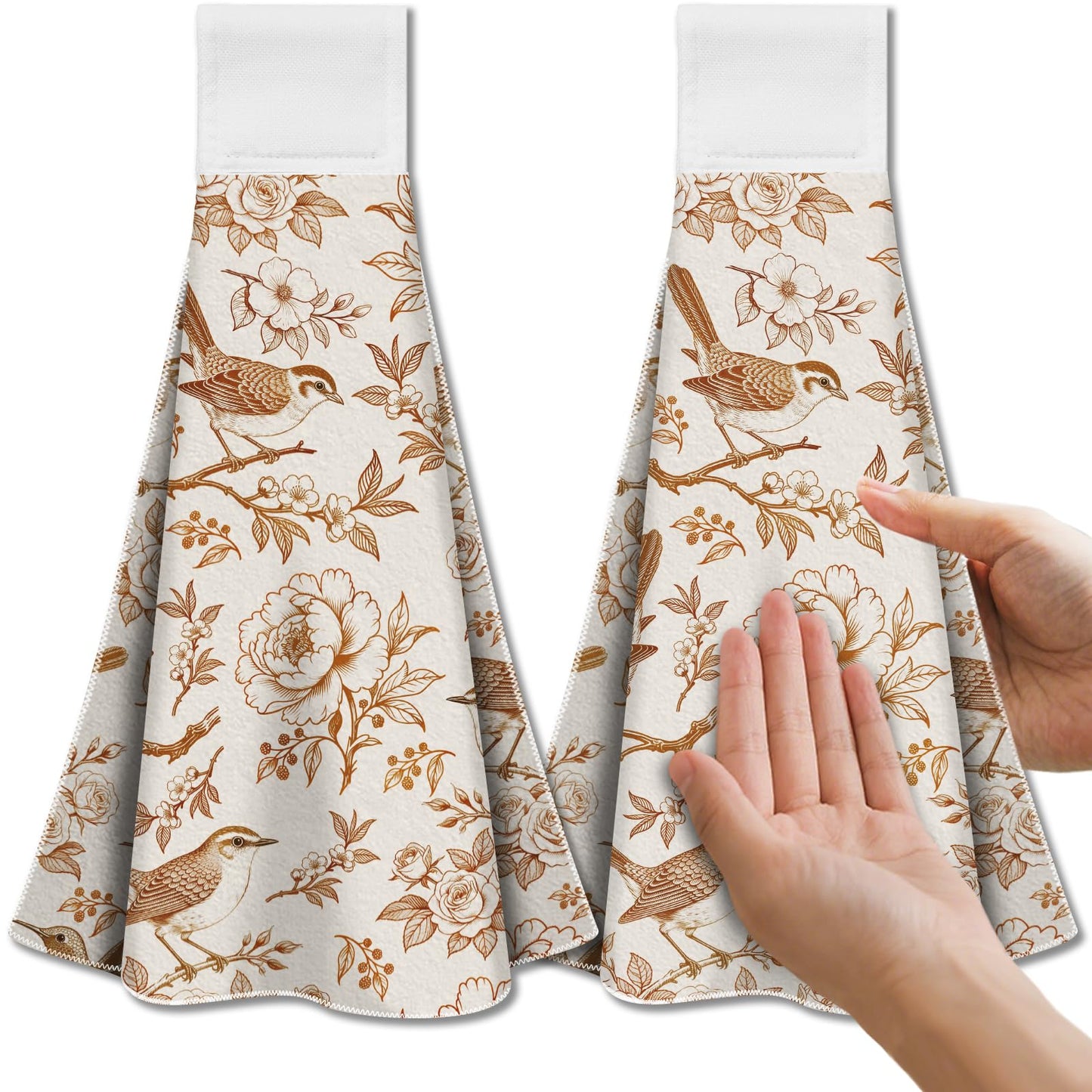 CUTHOLLOW 2Pcs Orange Flower and Bird Tea Towels for Kitchen with Loop, 31.5x43.5cm Soft Super Absorbent Microfiber Decorative Hanging Dish Towel,