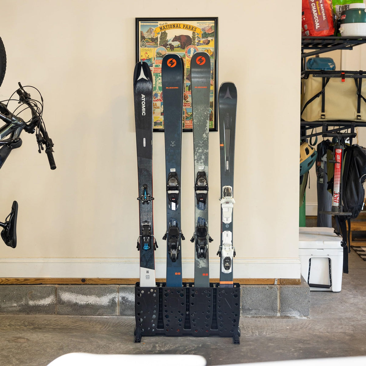 StoreYourBoard Ski Storage Rack, 4 Pair Freestanding Skis Floor Mount, Wide Skis