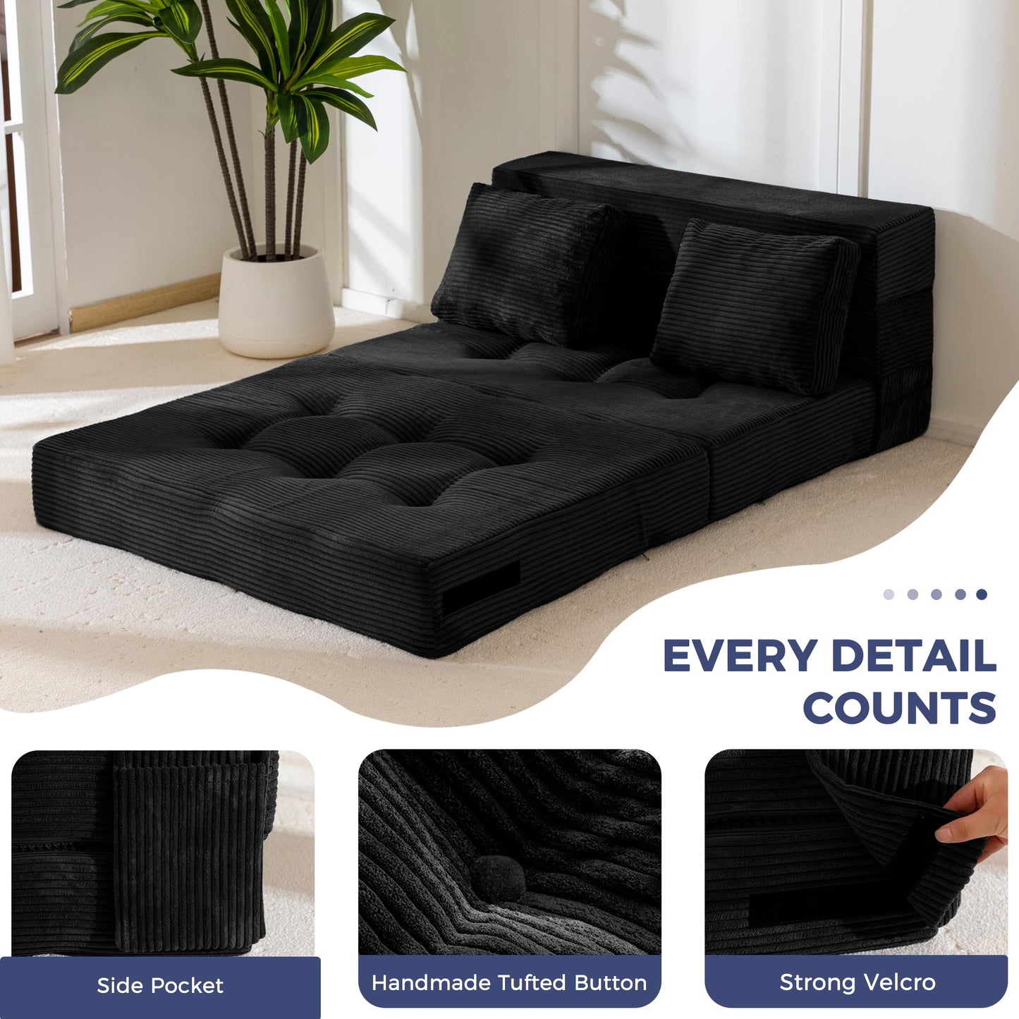 MAXYOYO Folding Foam Sofa Bed, Tri-Fold Mattress with Pillow, Convertible Sofa Chair Futon Z Bed with 15cm Thincken Foam, Portable 3 in 1 Floor Couch