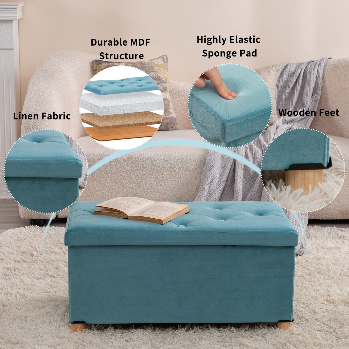 BRIAN & DANY Ottoman Storage Box with 4 Wood Legs, Velvet Storage Ottoman for Living Room, Teal, 76 x 38 x 38 cm