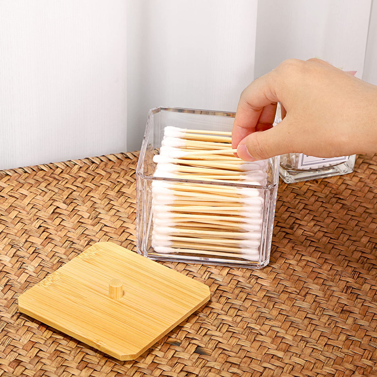 SUMTree Square Qtip Cotton Ball Holder Qtip Dispenser with Bamboo Lid