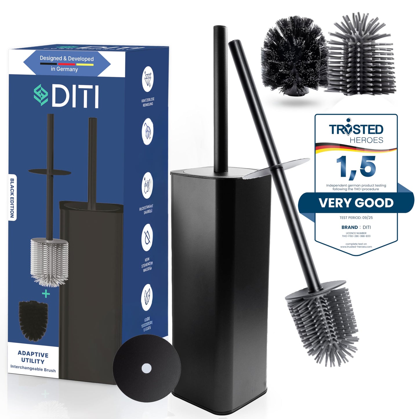 DITI Stainless Steel Toilet Brush Black - Square Silicone Toilet Brush with Holder & Splash Guard - Antibacterial & Rustproof - Includes Replacement