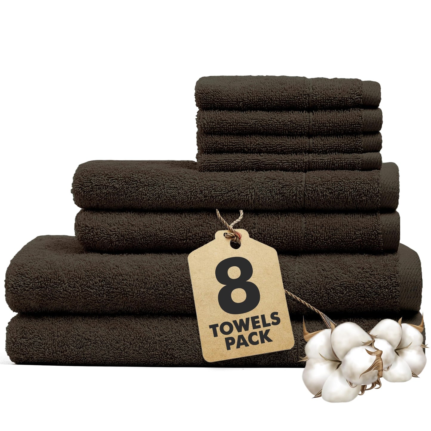 Novo Home Bath Towels Set of 8 ? 100% Cotton Dark Brown Towel Set Bale Includes 2 Bath, 2 Hand, 4 Face Towels ? Soft, Absorbent & Quick Dry Towel for