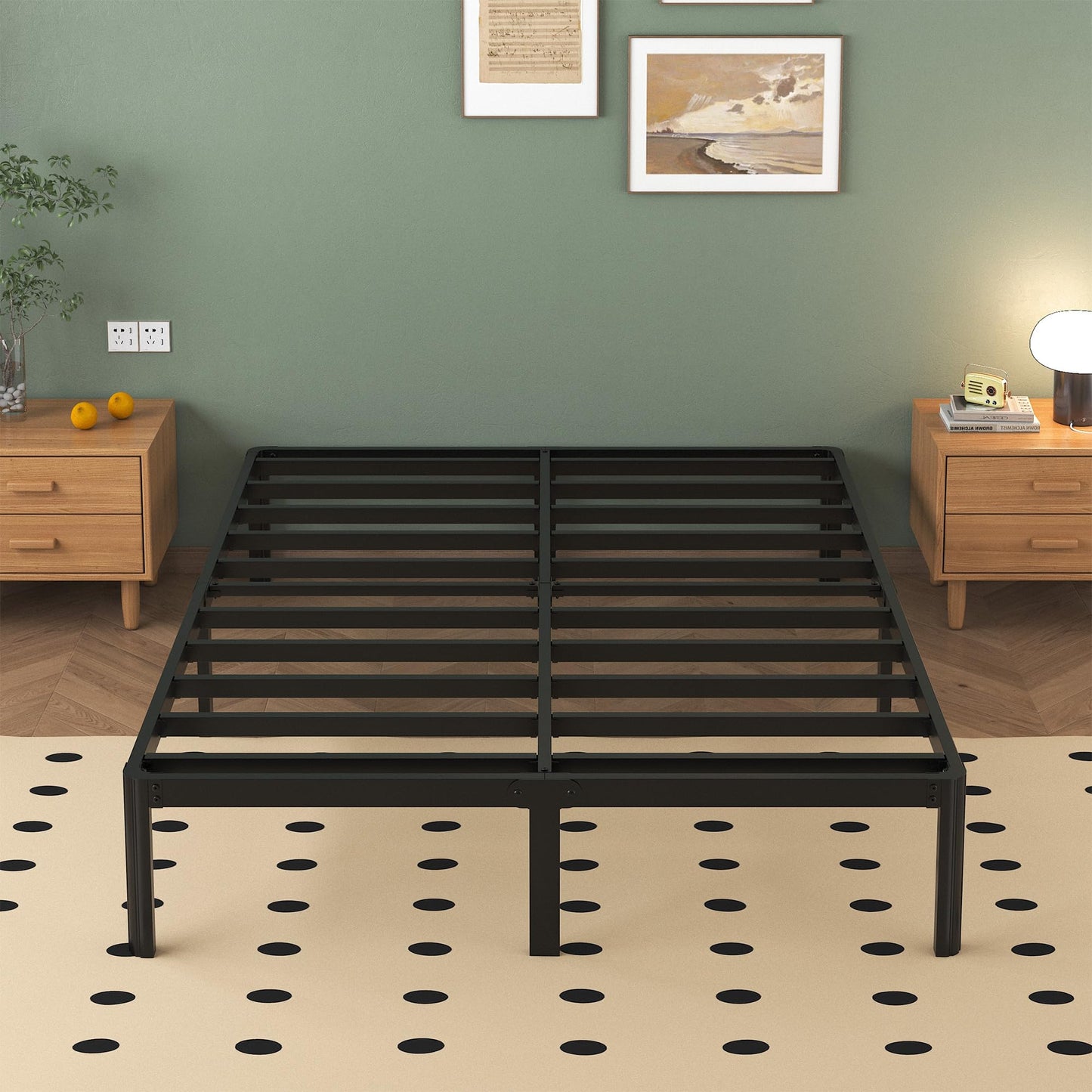 Lutown-Teen Metal Bed 140 x 200 cm with Round Legs, 36 cm Height Bed Frame Double Bed with Metal Slatted Frame, Black