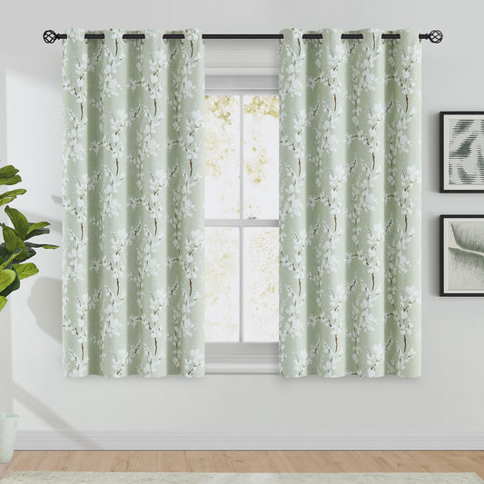 Fmfunctex Green Floral Blackout Curtains for Bedroom 54 inch Drop Eyelet Curtains for Living Room Nursary Blossom Thermal Insulated Window Curtain
