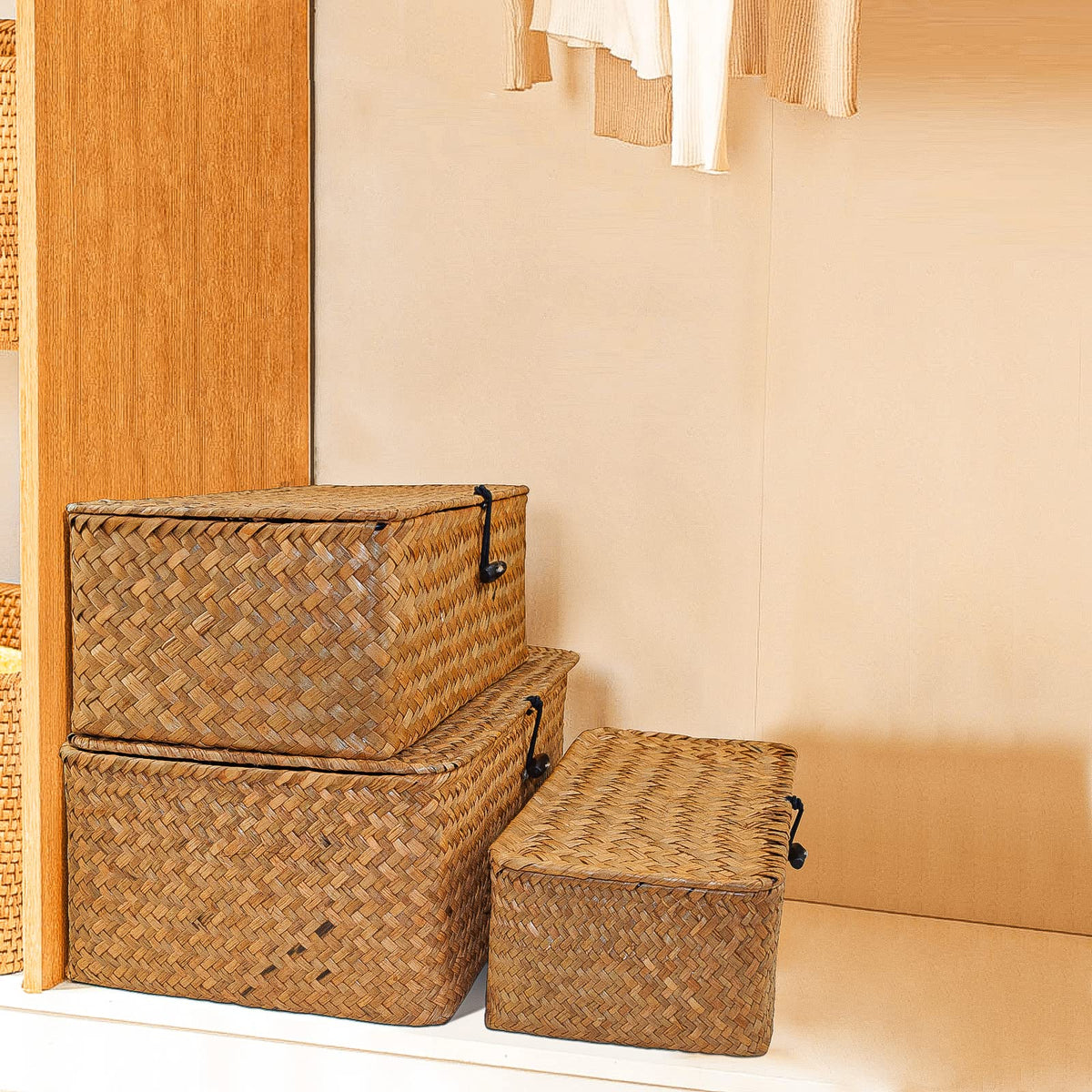 Wicker Storage Basket Woven Rattan Storage Box With Lids Seagrass Laundry Baskets Makeup Organizer For Bathroom, Living Room, Kitchen (L+XXL)