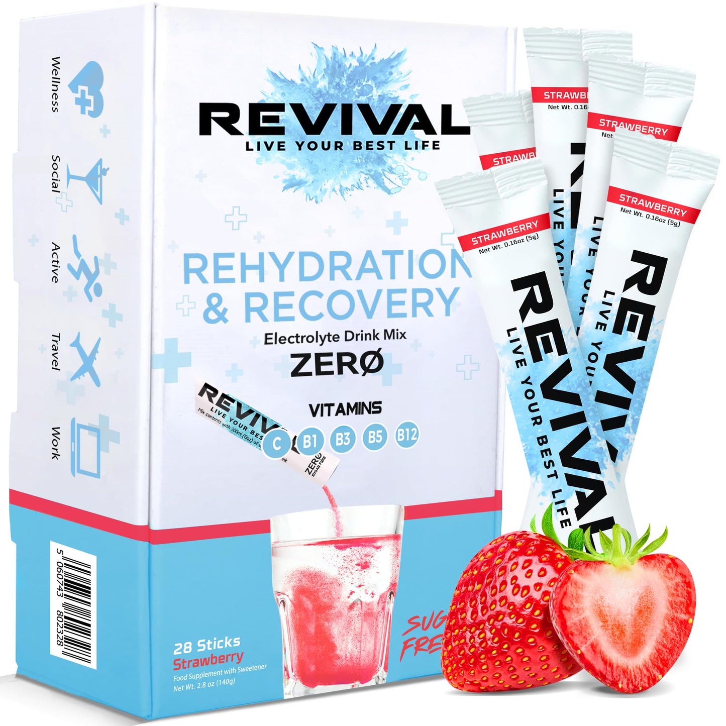 Revival Zero Rehydration Electrolytes Powder - Sugar Free Hydration Sachet Drink with Vitamins C, B1, B3, B5, B12 - Nutritional Supplement (28