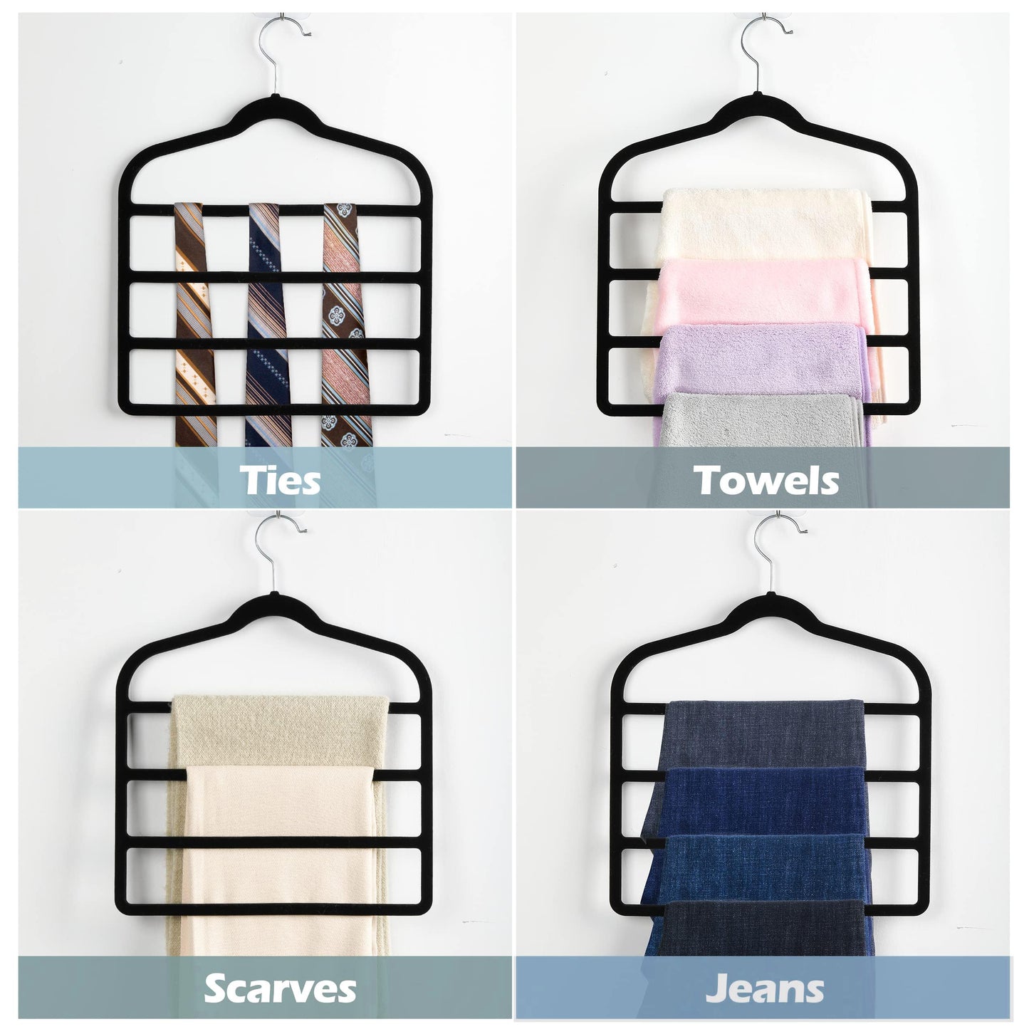 3 Pack Velvet Trouser Hangers - 4-Layer Space Saving Scarf and Jeans Hangers - Wardrobe Organiser and Space Saver Trouser Rack, Leggings Hanger