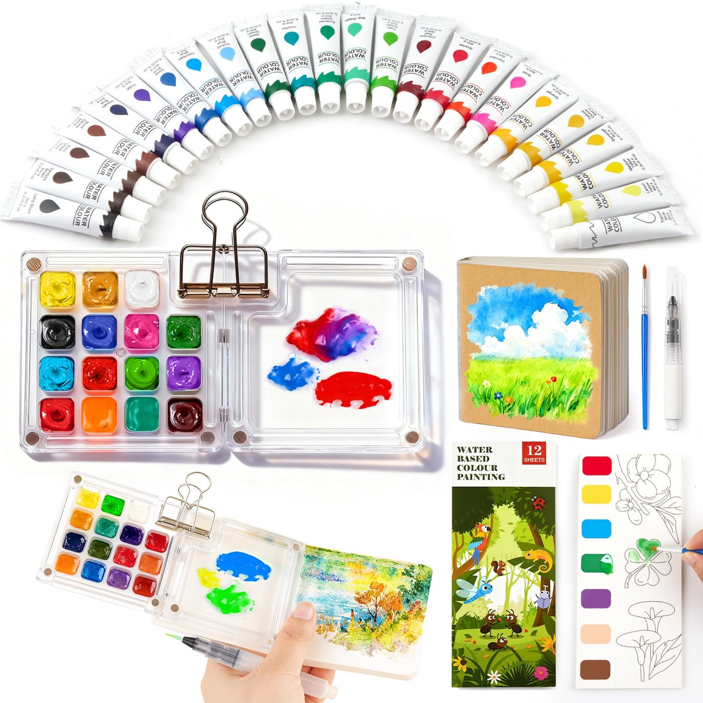 Mexlyca Mini Watercolor Paint Set, Palette Travel Kit, Pocket Watercolor Travel, Pocket Watercolor Set with 24 Colors Paint, Brush, Binder Clips,
