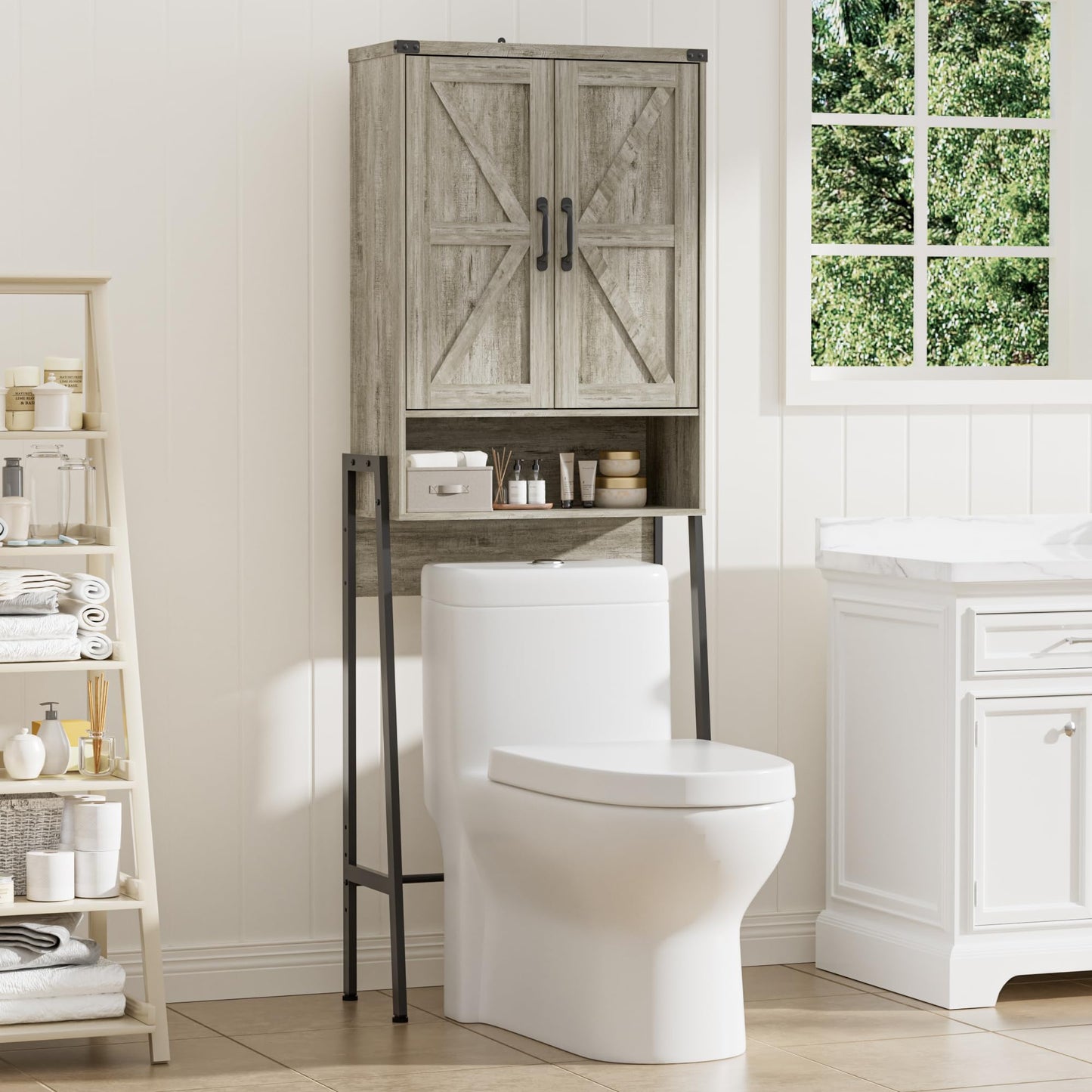 BonVache Over Toilet Storage Unit, Bathroom Storage Cabinet with Barn Doors, Freestanding Laundry Organizer Space Saving, Grey