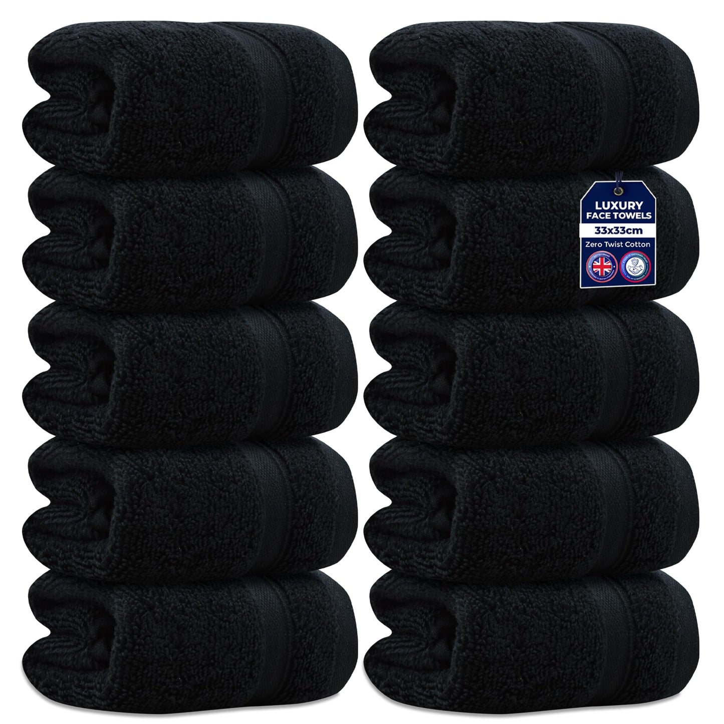 Towelogy Pack Of 10 Face Cloths 33x33cm - 100% Zero Twist Cotton Washcloths Absorbent & Super Soft Hotel Quality Towels | Oeko-Tex Certified (10, Noir