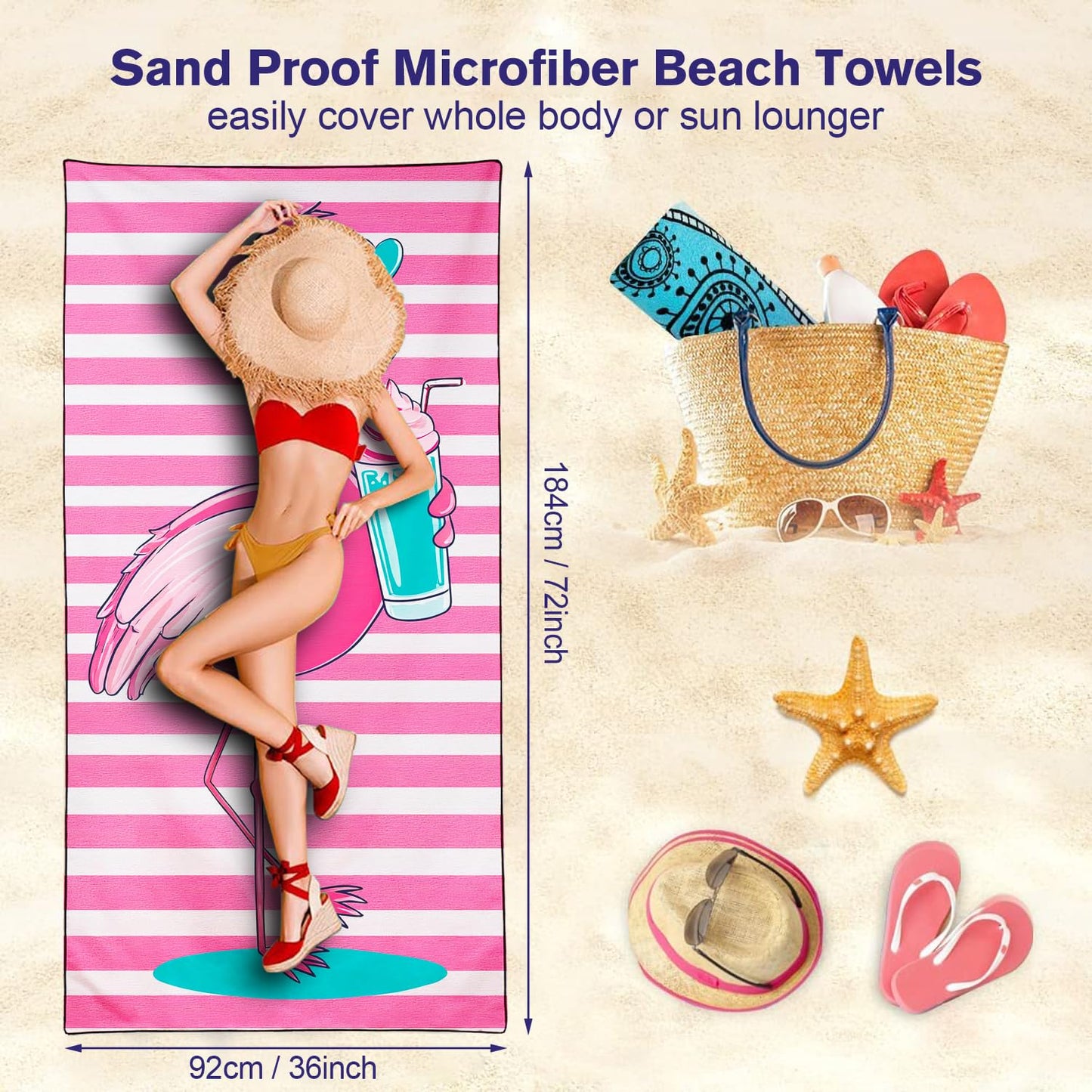 Violetpos Flamingo with Drink Beach Towel, Extra Large 180x90 cm 250GSM Microfibre, Sand Free Quick Dry