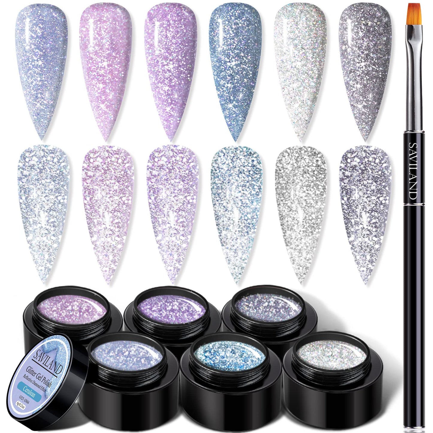 Saviland Reflective Glitter Gel Nail Polish Set - 6 Colors Super Flashing Diamond Gel Polish Set with Nail Brush, Purple Blue Black Sparkling Soak Off