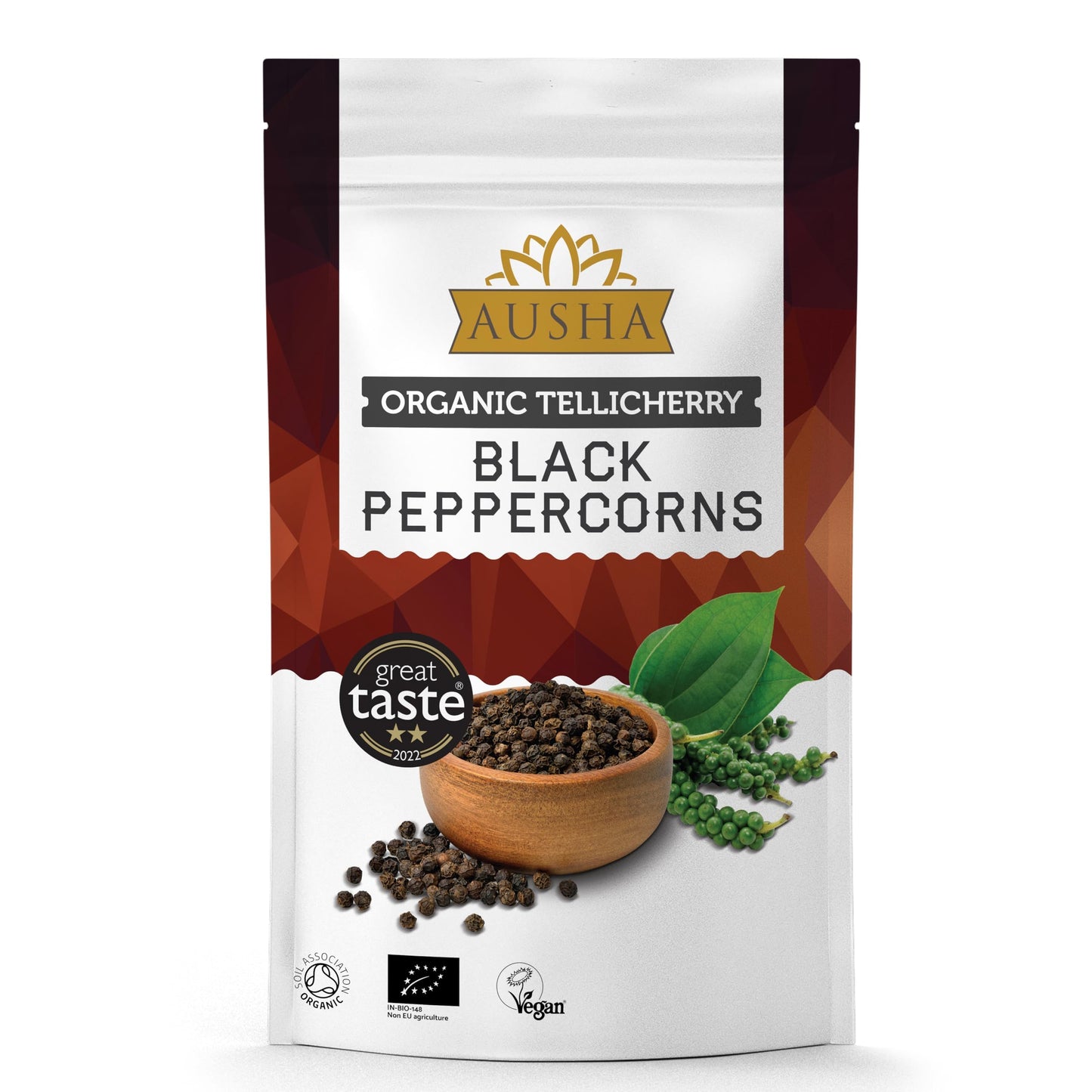 Ausha Organic Tellicherry Black Peppercorns Whole 1kg - 2** GREAT TASTE AWARD - UK Certified Organic - For Cooking and Grinding - Tellicherry Garbled