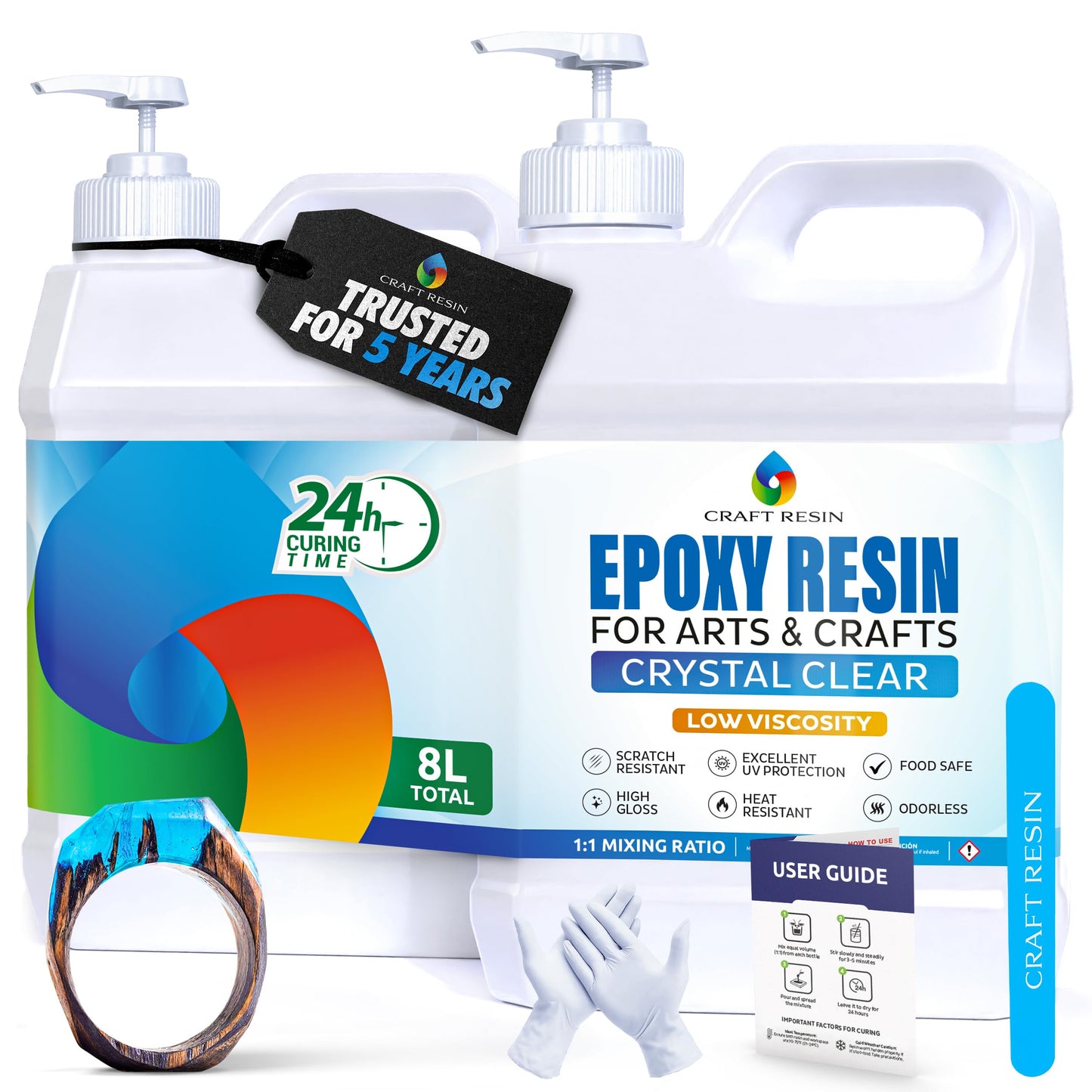 CRAFT RESIN 8L Crystal Clear Epoxy Resin Kit - Food Safe & UV Resistant for DIY Art, Wood, Jewellery Making, Coasters, Mould Casting Resin Epoxy - Low