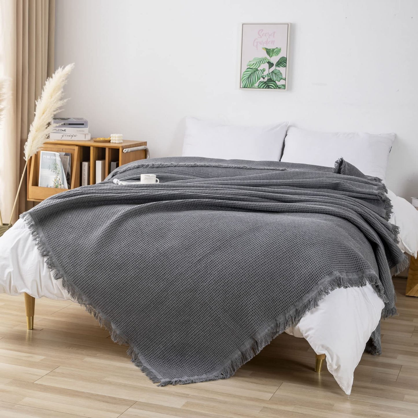 LHGOGO Woven Waffle Sofa Throw Large 3 Seater with Tassels - Reversible 180x300cm Throws for Sofas, Settees, Couch, and Armchair - Grey, 70.87 x