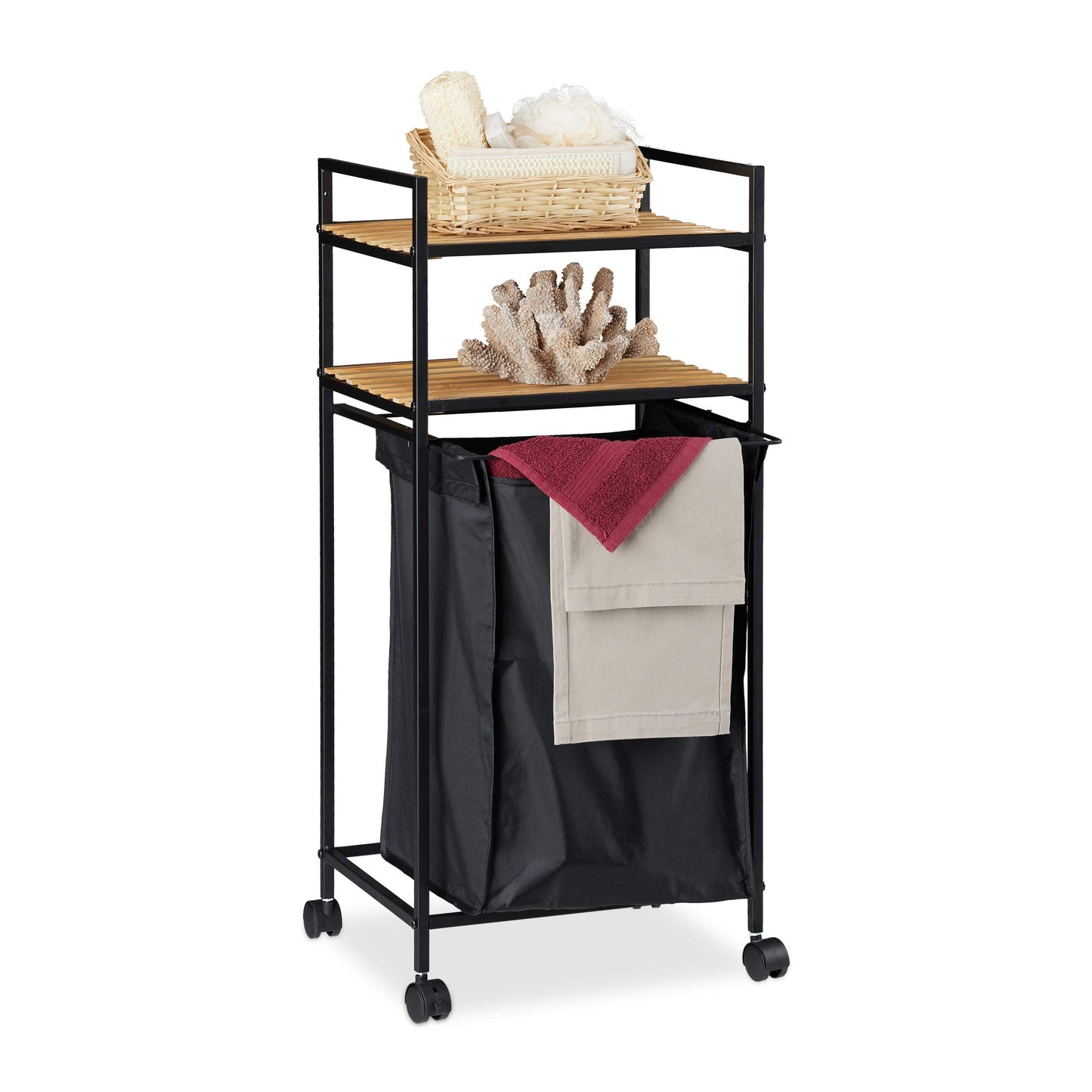 Relaxdays Rolling Bathroom Shelf, 2 Tiers, Rack with Laundry Hamper, Metal, Bamboo, HWD: 89.5x39x32.5 cm, Black/Natural