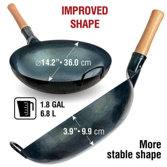 YOSUKATA Blue Carbon Steel Wok and Stir Fry Pans 36 cm- Chinese Hammered Round Bottom Pow Wok - Traditional Chinese Japanese Cookware - Blue Steel