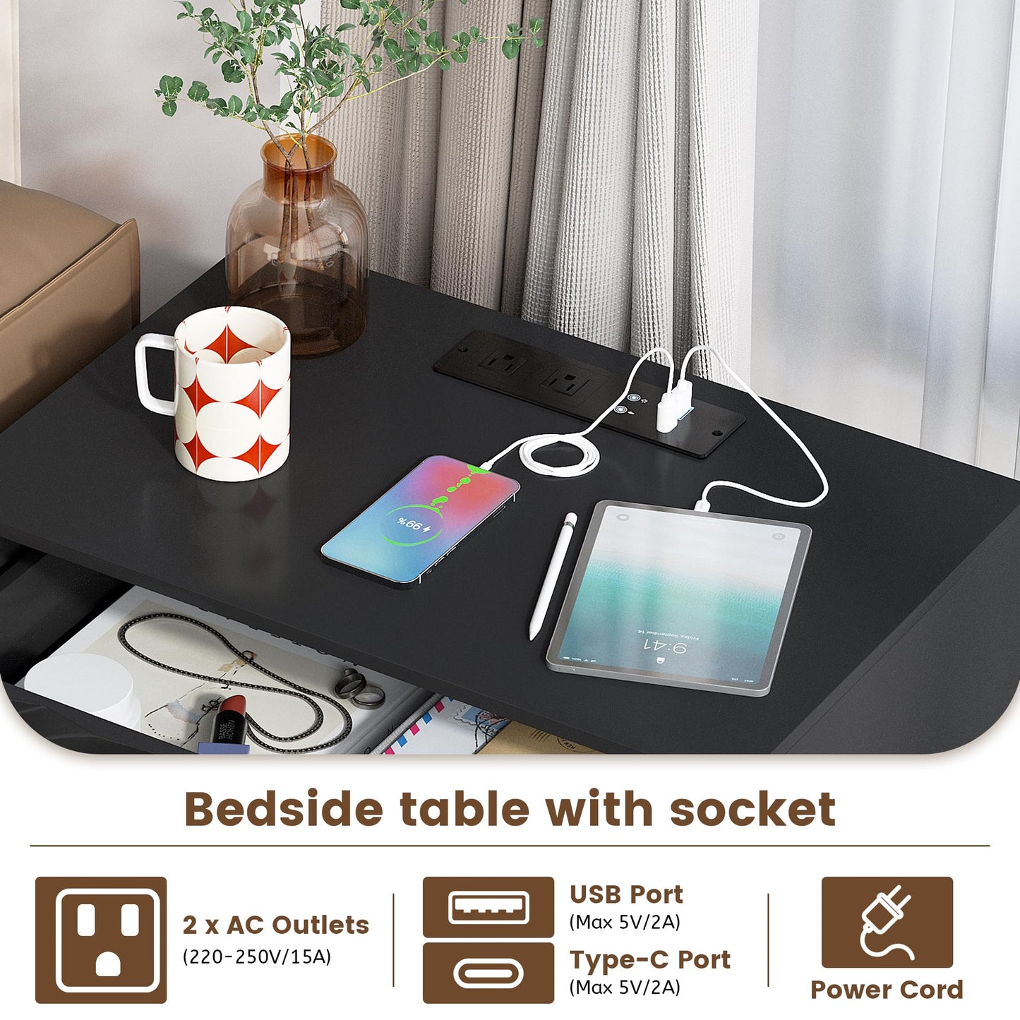 Gurexl Ripple Bedside Tables with 2 Power Outlet,Bedside Cabinet with Human Sensor,LED Nightstand with 3 Color Lights for Bedroom,Living Room,Black