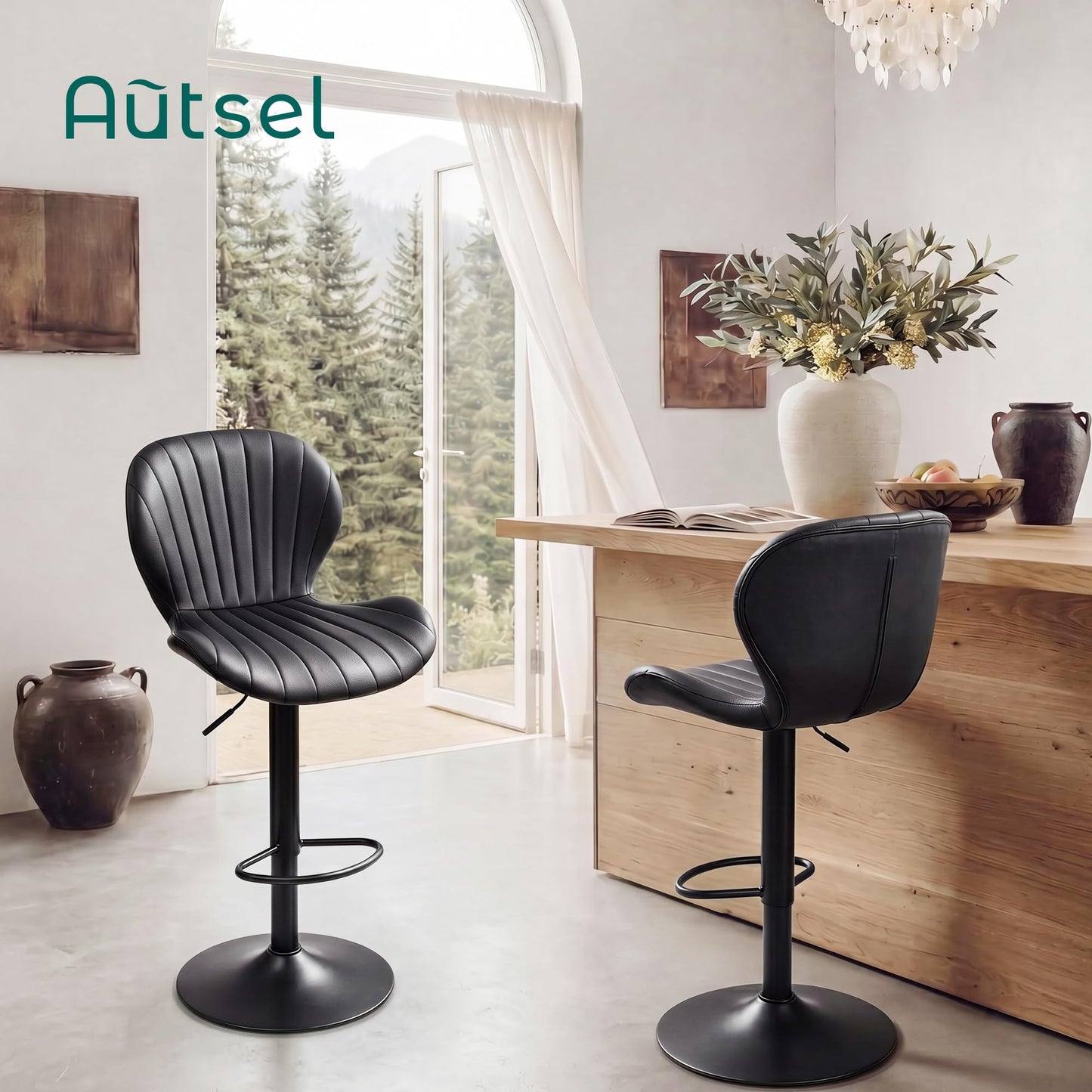 Bar Stools Set of 2, 360°Swivel Bar Chairs, Kitchen Dining Stools, Black