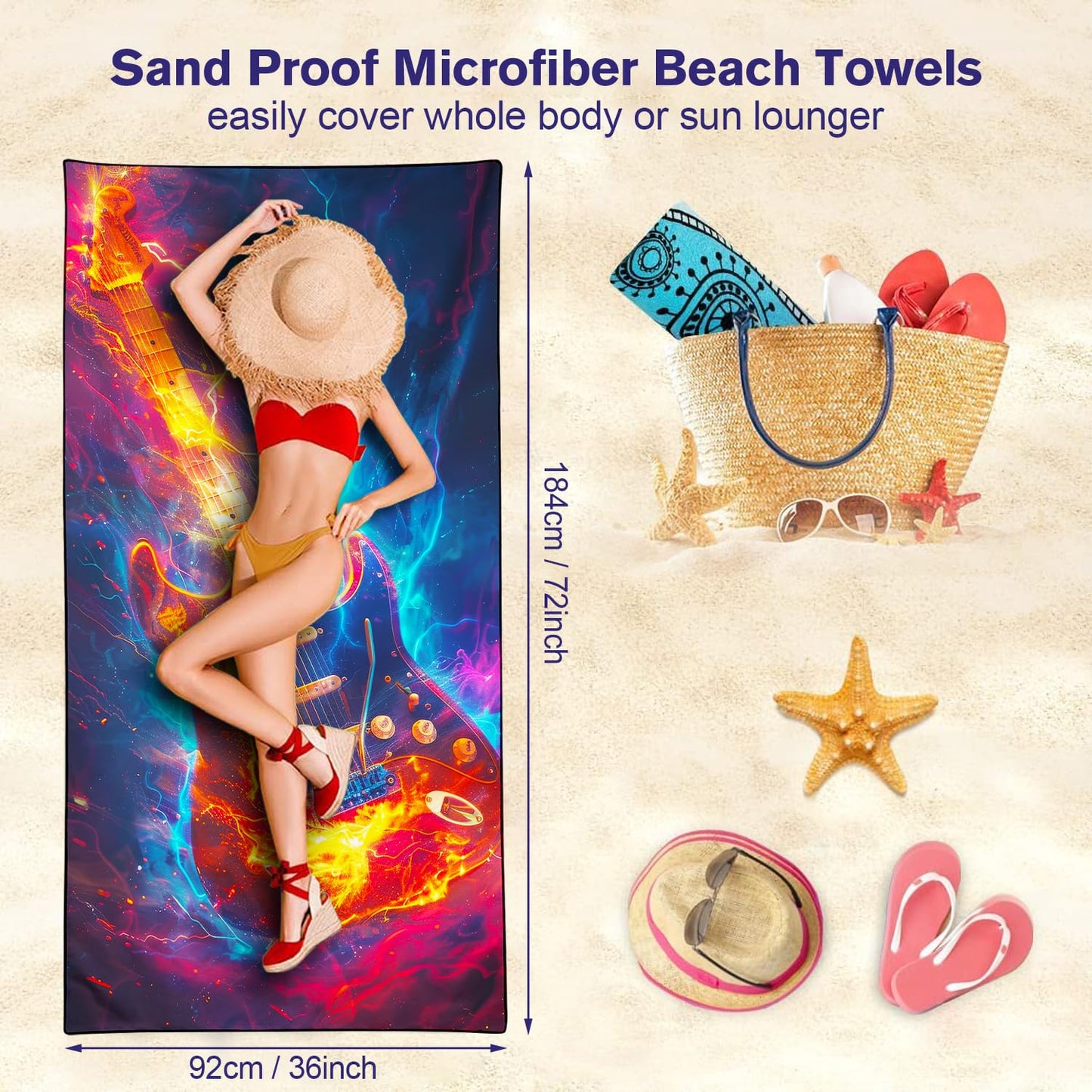 Violetpos Fire Electric Guitar Beach Towel, Extra Large 180x90 cm 250GSM Microfibre, Sand Free Quick Dry