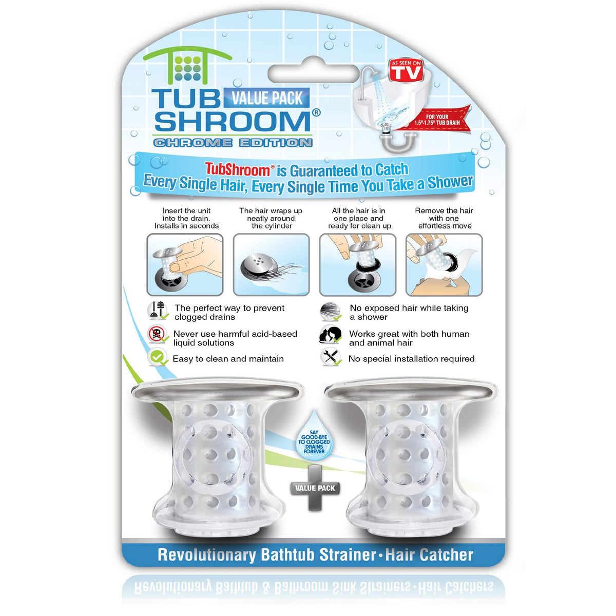 TubShroom Chrome Edition Revolutionary Tub Drain Protector Hair Catcher, Strainer, Snare, 2 Pack