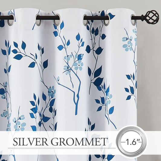 Beauoop Navy Blue Floral Blackout Curtains for Living Room Bedroom 90 Inch Drop Leaf Print Eyelet Curtain Botanical Thermal Insulated Noise Reducing
