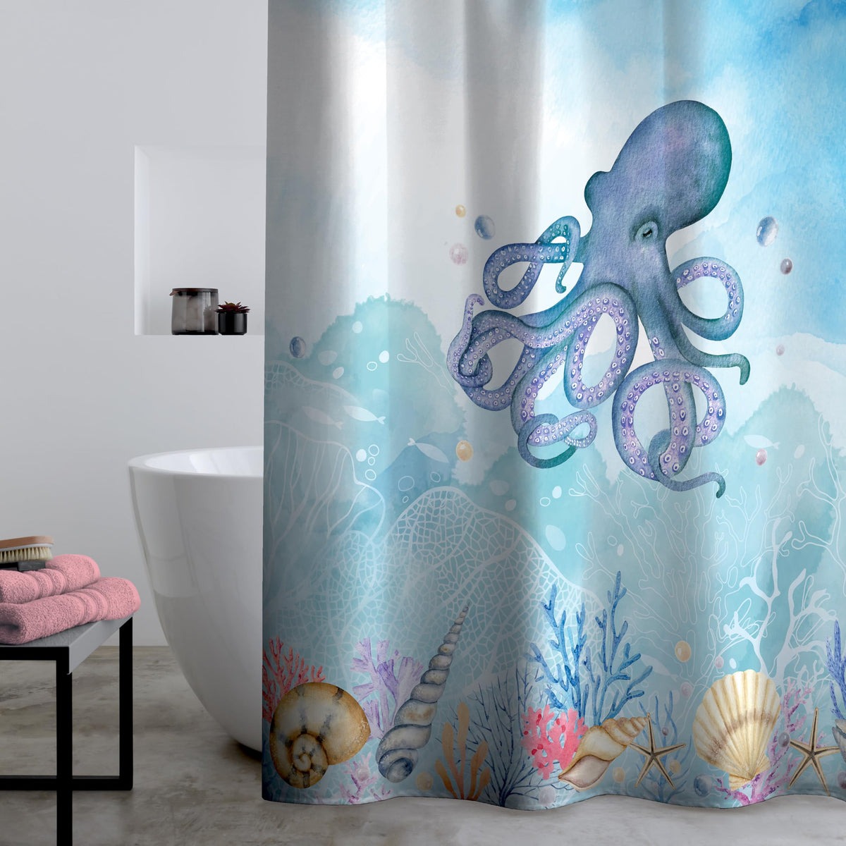 Catherine Lansfield Octopus 180x180cm Shower Curtain Panel Blue