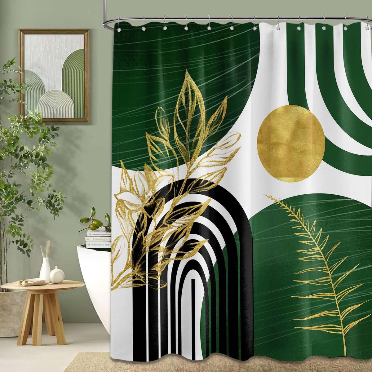LanZanthic Dark Green Boho Shower Curtains for Bathroom Green and Gold Abstract Mid Century Modern Wet Room Shower Curtain, Washable, Waterproof,