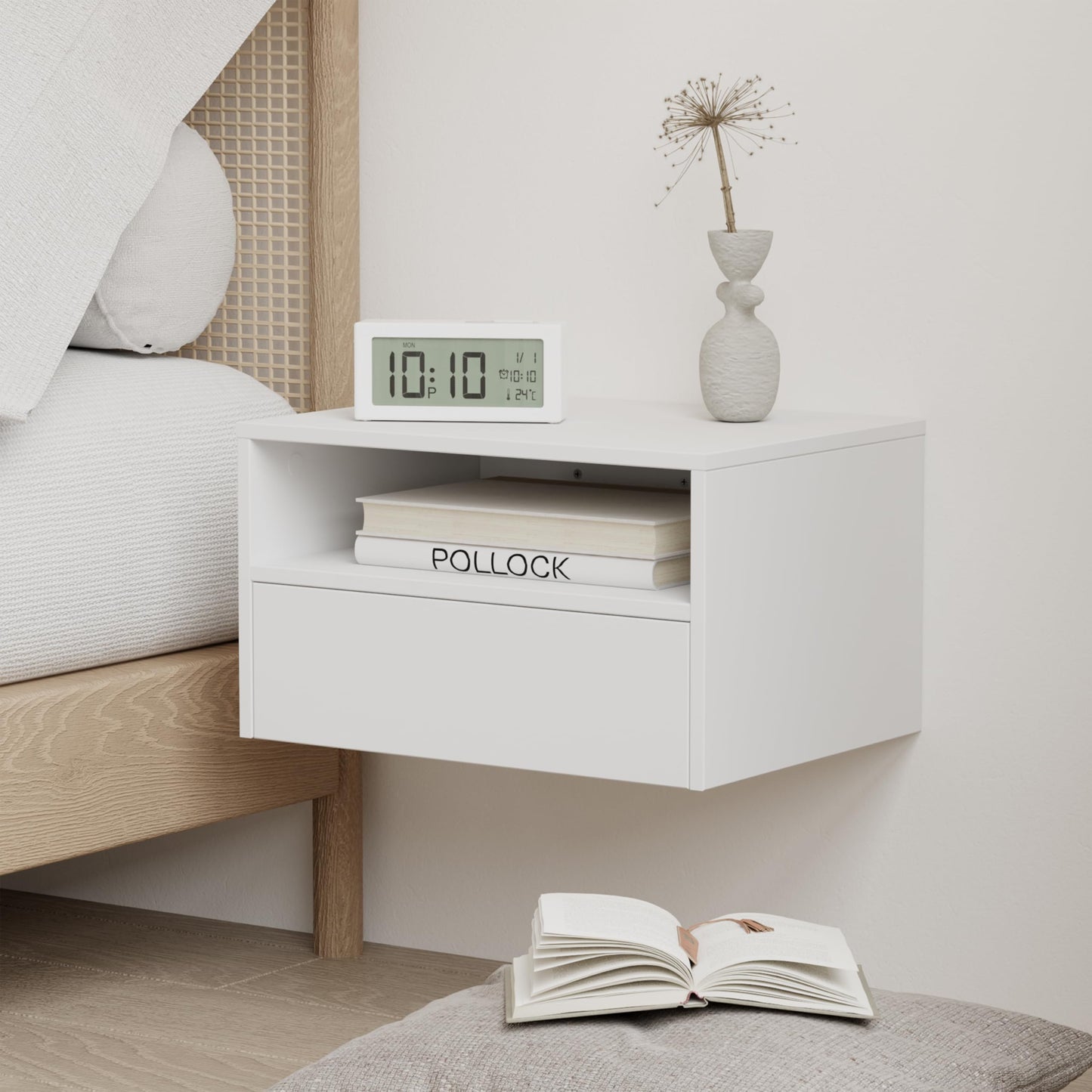 JERX Floating Bedside Table, Wall Mounted Nightstand with Storage Drawer and Open Shelf Modern Wooden Bedside Table for Bedroom,White