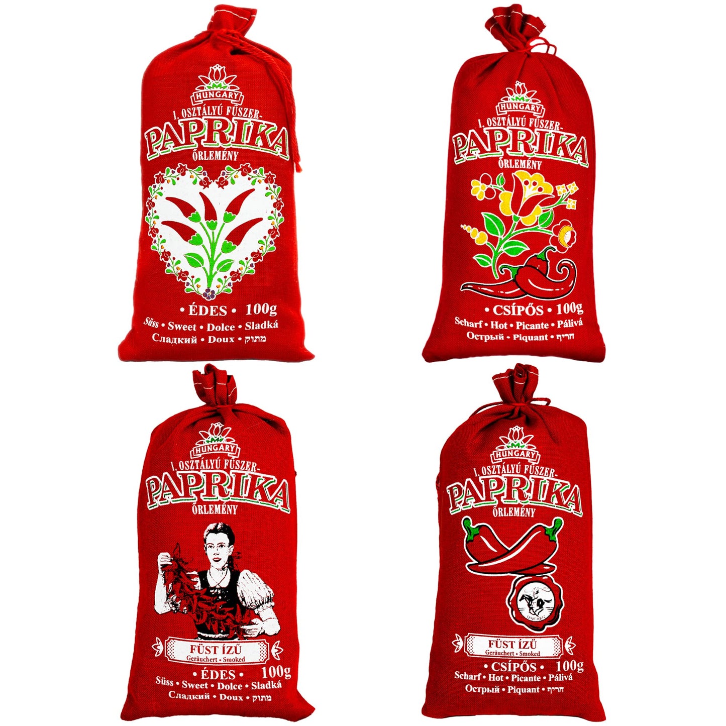 Hungarian Paprika Premium Quality Sweet/Hot/Smoked (Origin: Kalocsa,Hungary) (All 4 taste, 4x100g)