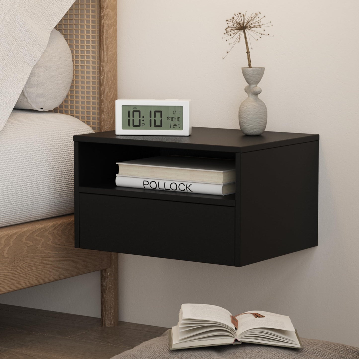 JERX Floating Bedside Table, Wall Mounted Nightstand with Storage Drawer and Open Shelf Modern Wooden Bedside Table for Bedroom,Black
